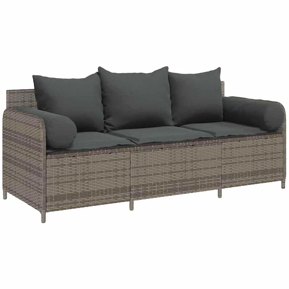 Canapé de jardin avec coussins 3 places gris résine tressée