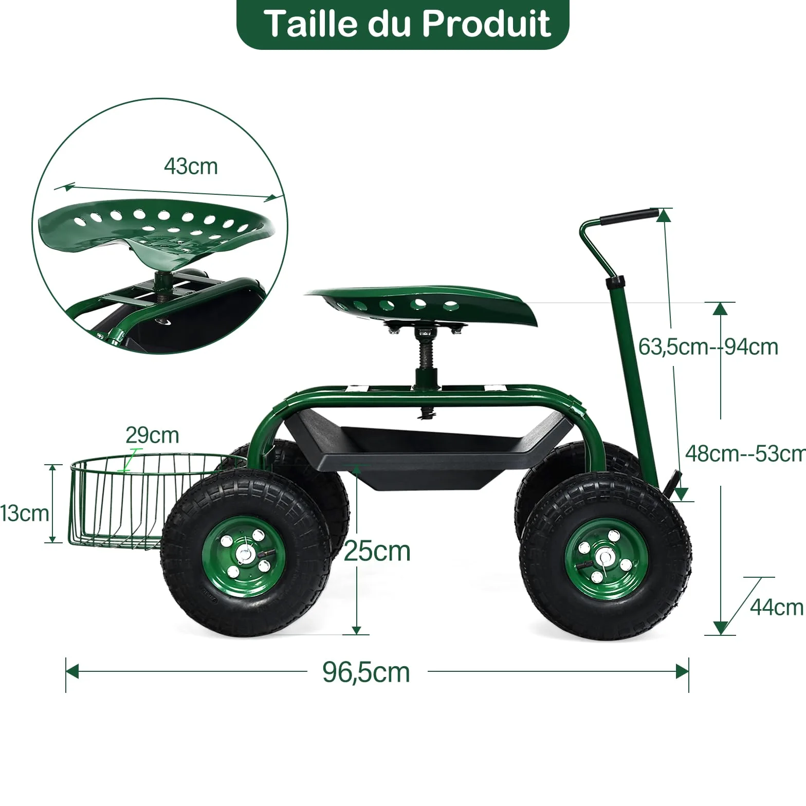 GOPLUS Siège de Jardin Roulant avec 2 Plateau à Outils, Poignée Directe, Panier de Rangement, Siège Réglable, 4 Roues en Caoutchouc, Tabouret de Jardin Roulant pour Jardinage, Vert