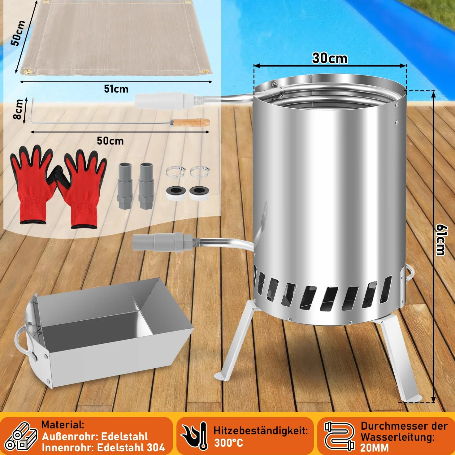 Gimisgu Chauffage de Piscine avec Feu Réservoir à Feu Seau en Acier Inoxydable Raccords 32/38mm