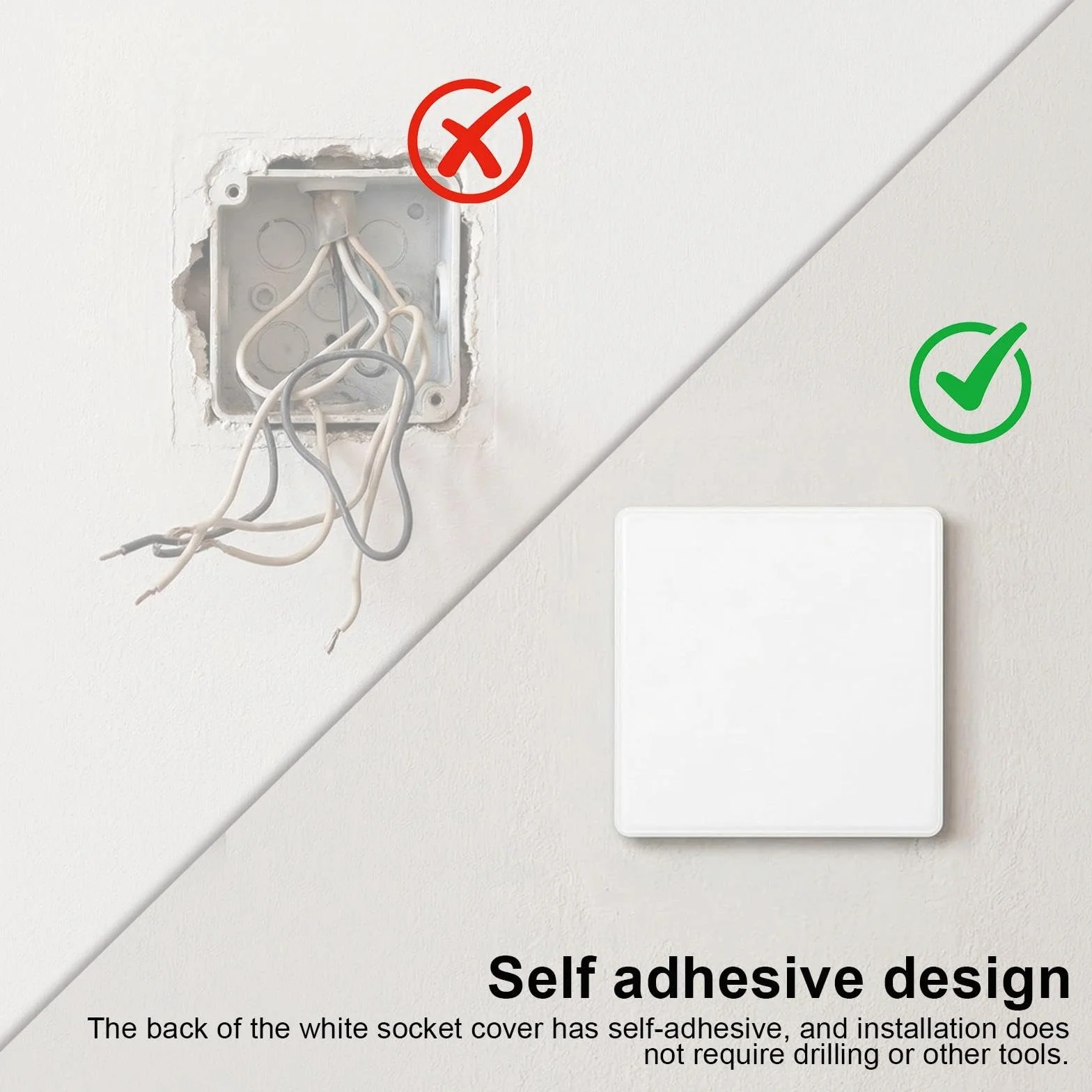Cache Prise 8,6 x 8,6 cm Blanc ABS Plastique Montage sans Perçage pour Prises Inutilisées