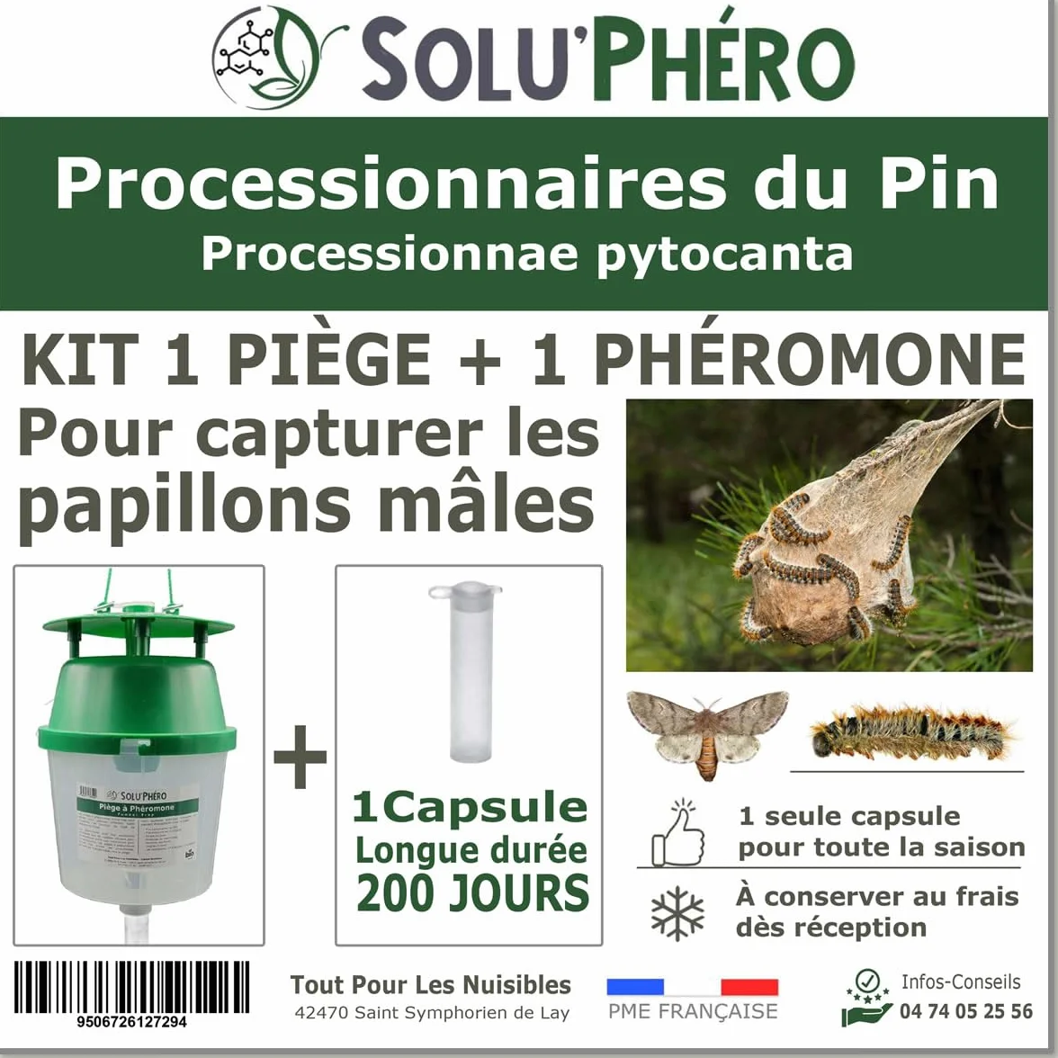 SOLUPHERO - Kit Piège Entonnoir Funnel Trap + phéromone Longue durée Contre la Chenille de la processionnaire du pin - Efficace 6 Mois (200 Jours) - Lutte Biologique - A Installer de Juin à Septembre