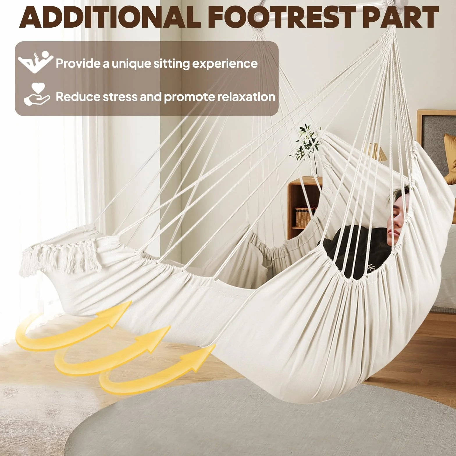 Chihee Chaise Hamac Balançoire Suspendue avec Coussins Repose-Pieds, Sangle et Mousqueton, Barre Métal Repliable Coton Tissé Poche Latérale
