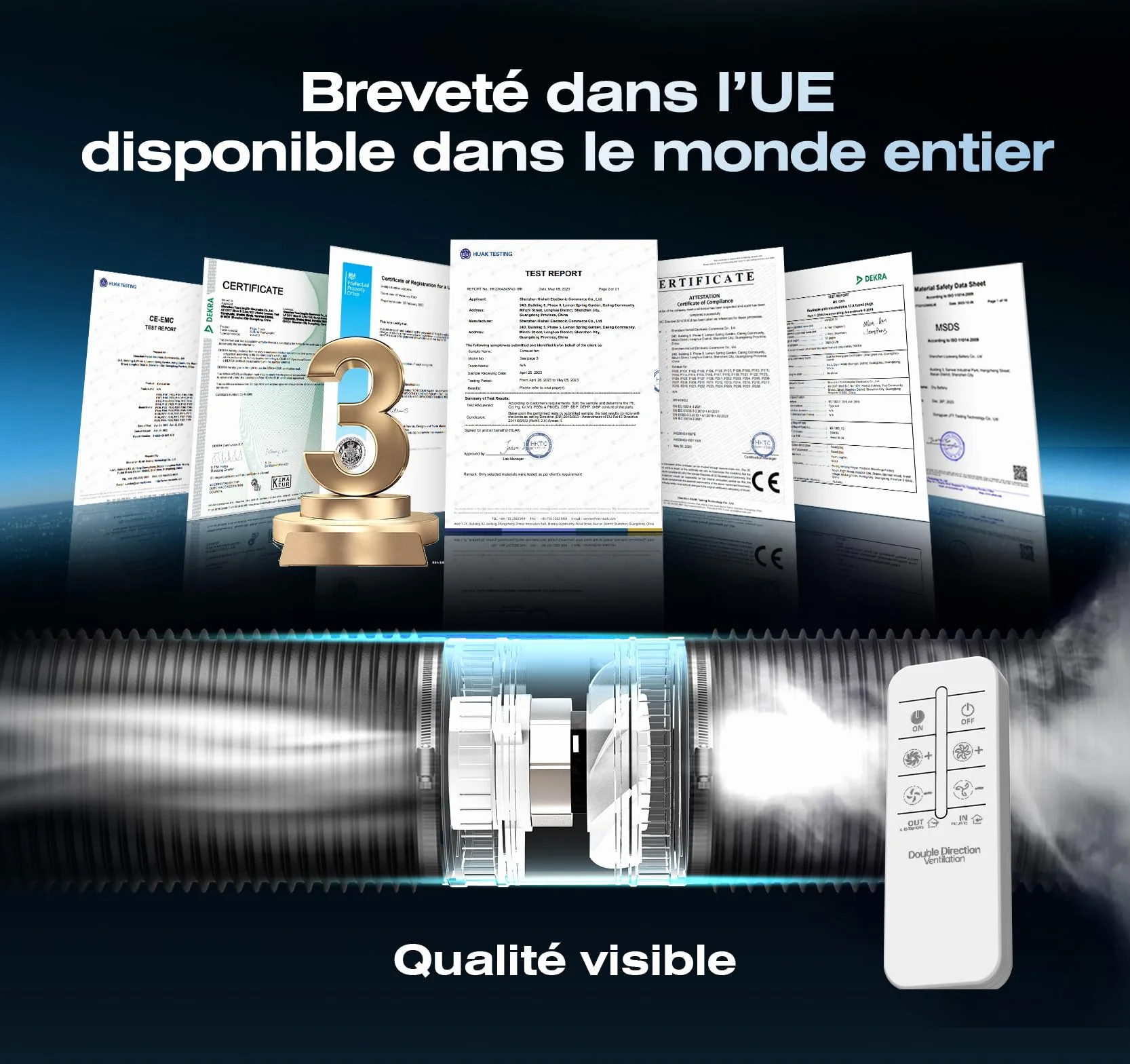 Ventilateur de Conduit Bidirectionnel, 6 Vitesses, Télécommande – Ventilateur Silencieux Puissant avec Protection Contre la Surchauffe, VMC Salle de Bain WC Serre Tente, Extracteur d'air 100mm