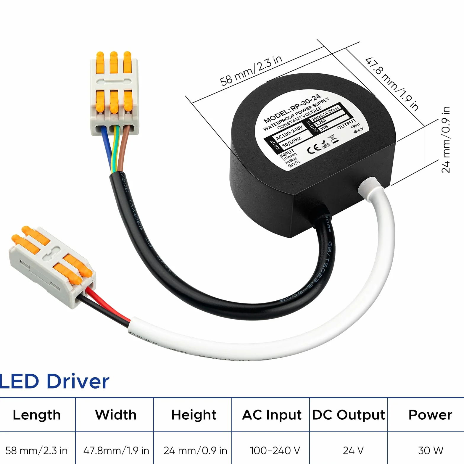 Transformateur LED 24V IP67 étanche 30W 1.25A Driver 220V à 24V