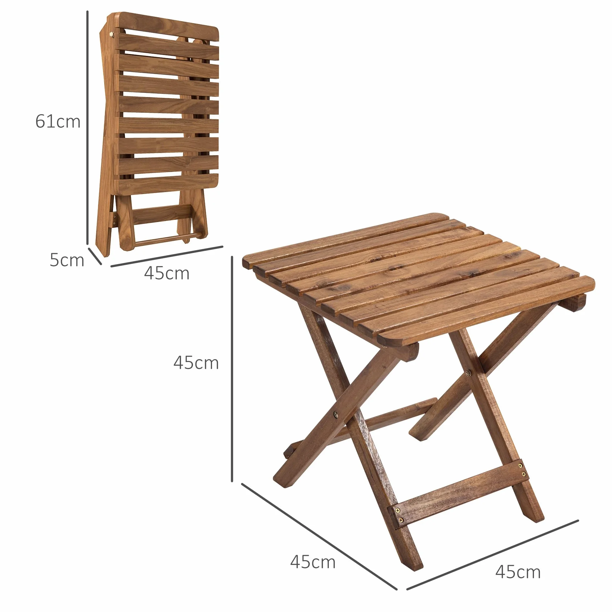 Outsunny Lot de 2 tables d'appoint d'extérieur pliables en bois pour jardin, balcon, teck, 45 x 45 x 45 cm