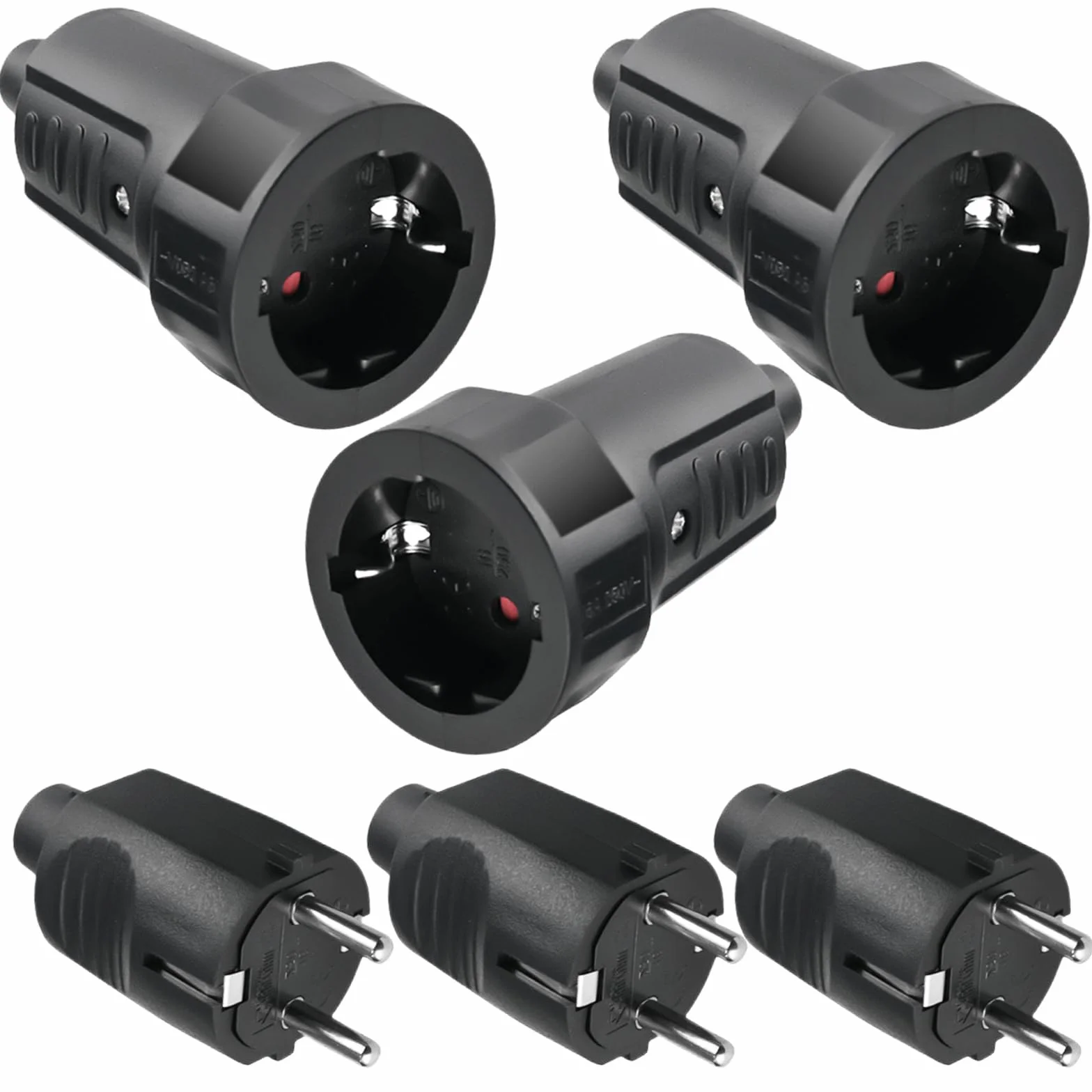 Lot de 3 paires de fiches Schuko 250V 16A IP44 en caoutchouc avec protection anti-torsion noir