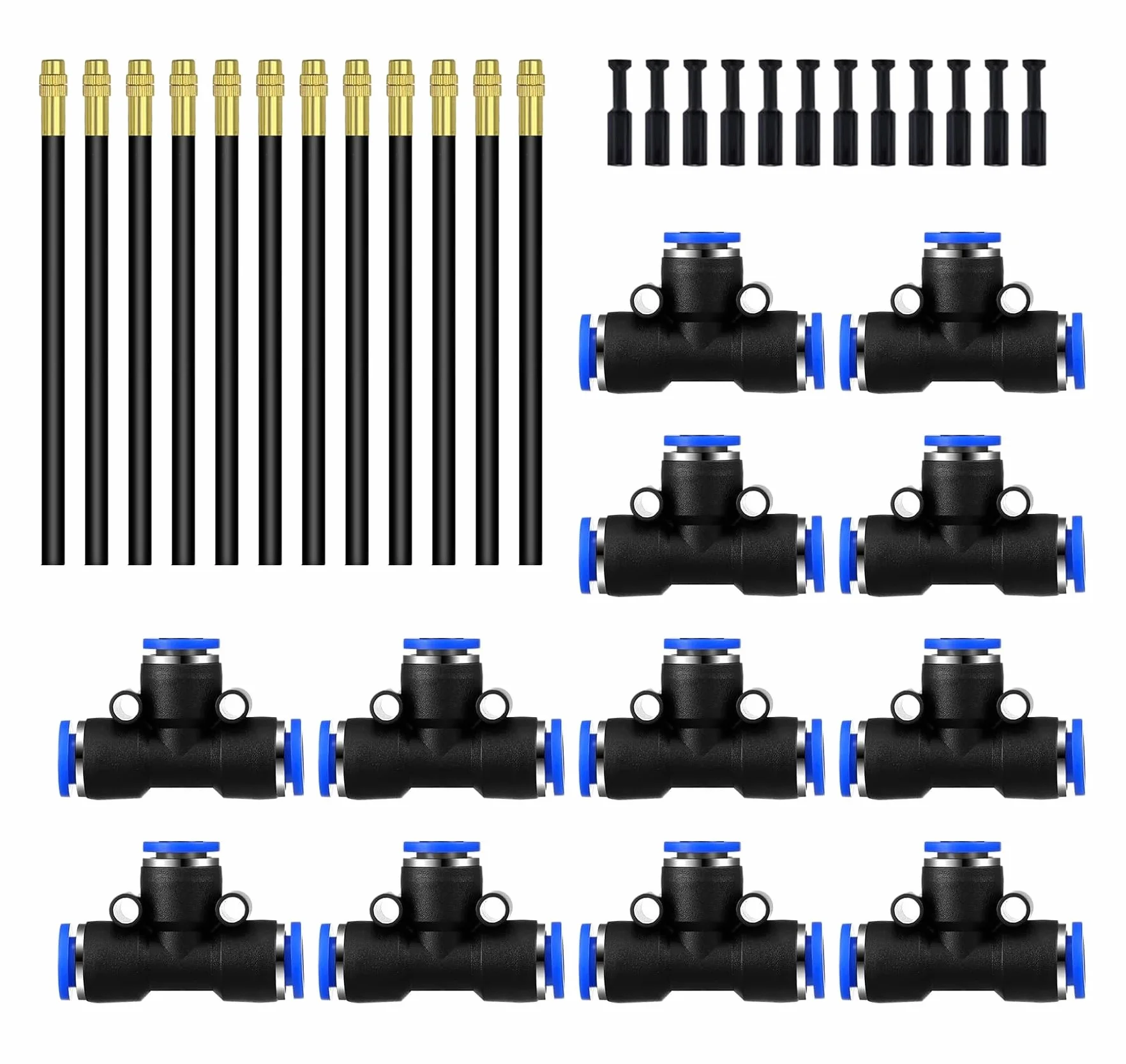 12Pièces Buse de pulvérisation d'irrigation HAXIHA Buse de brouillard 20cm Réglage Universel Tuyau D'eau 8mm de Diamètre Extérieur+12 connecteurs de type T 8mm+12 Bouchons D'Irrigation,pour Irrigation
