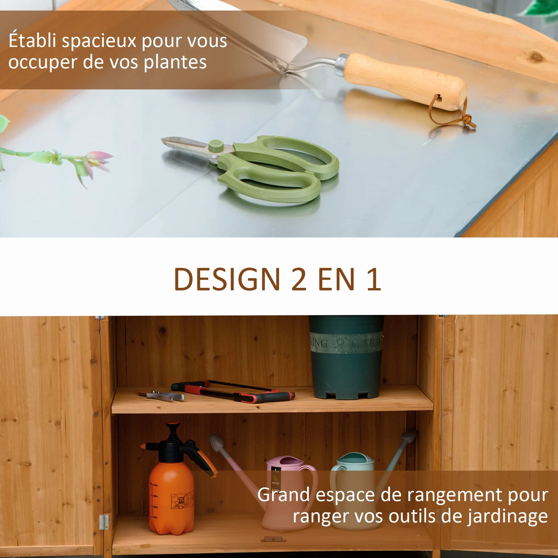 Outsunny Armoire de Jardin sur Pied Table de rempotage 2 en 1 Acier galvanisé Bois de cèdre