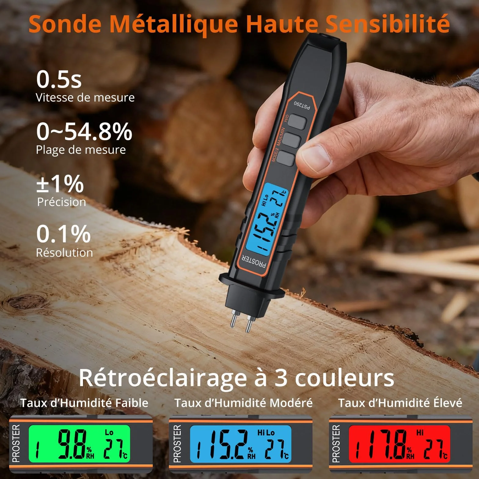 Proster Testeur Humidité Portable - Stylo Humidimètre Haute Précision 2 Modes 7 Échelles Calibration Température Bois Béton Mur