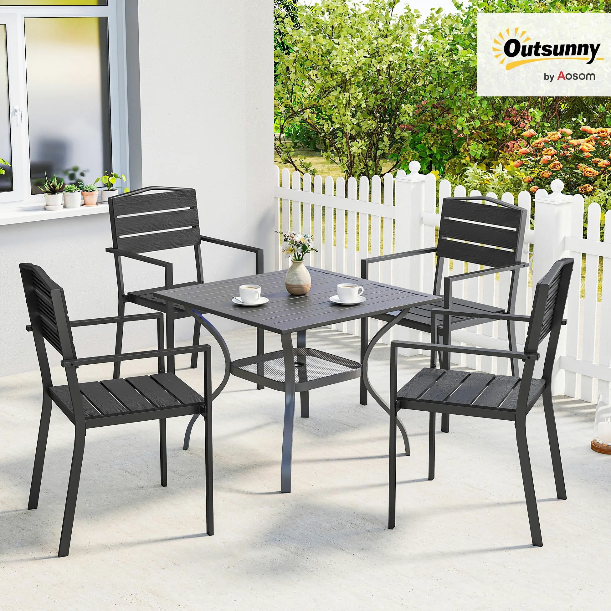 Outsunny Lot de 4 Chaises de Jardin Chaises de Salle à Manger Empilables - HDPE Effet Bois avec Accoudoirs Résistant aux Intempéries - Fauteuils Extérieurs pour Terrasse Balcon Repas Plein Air, Noir