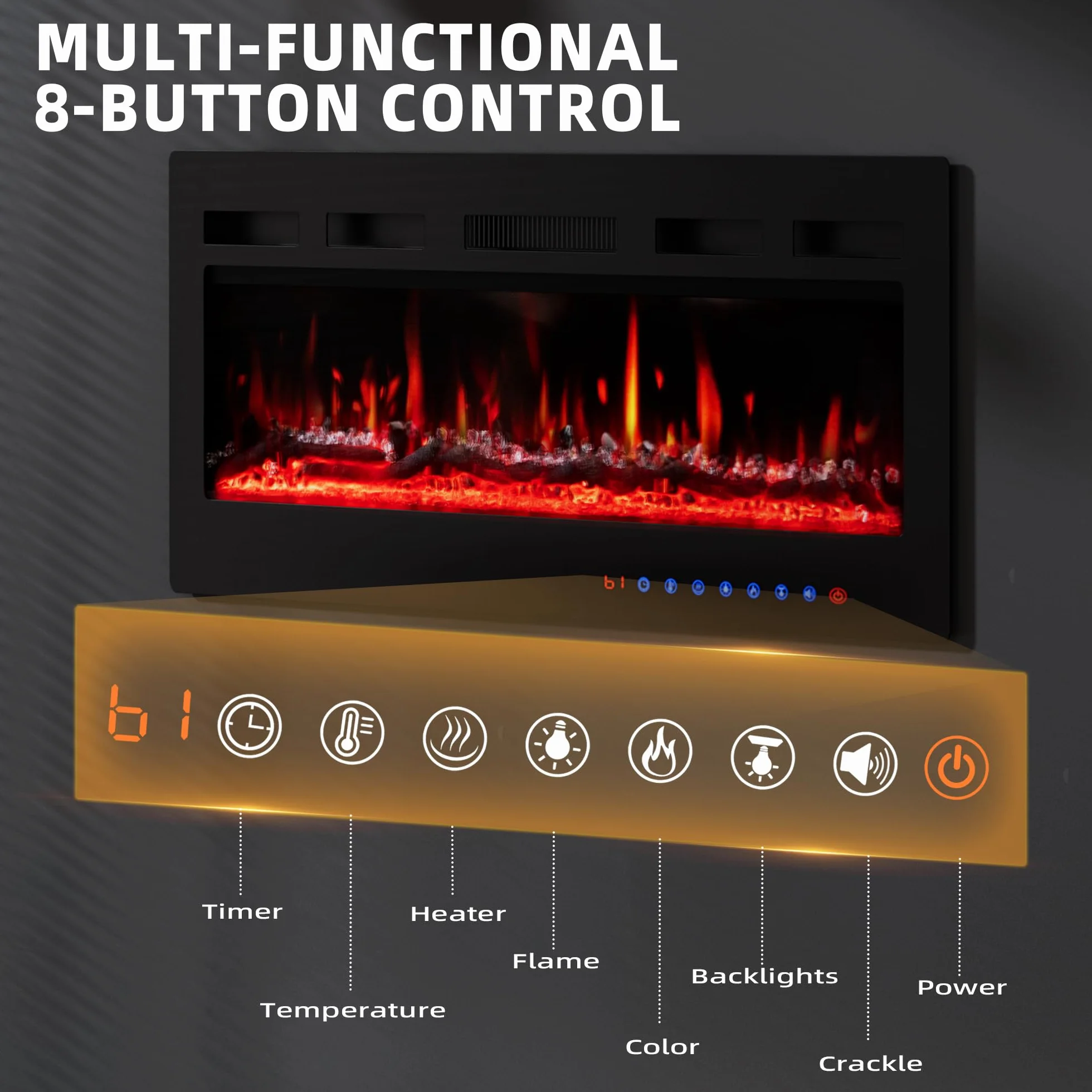 Cheminée Électrique 36" 92cm 900W 1800W Flammes 12 Couleurs Thermostat Précis 15-30°C Écran Tactile Télécommande
