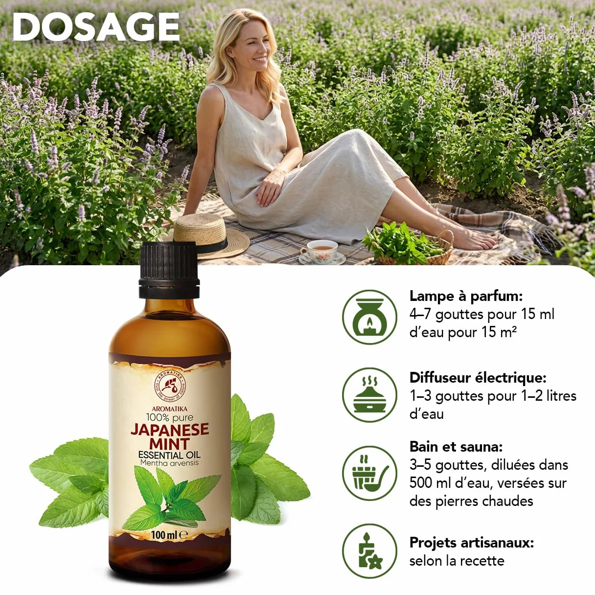 Huile Essentielle de Menthe Japonaise 2x100 ml Mentha Arvensis pour Diffuseur Aromathérapie