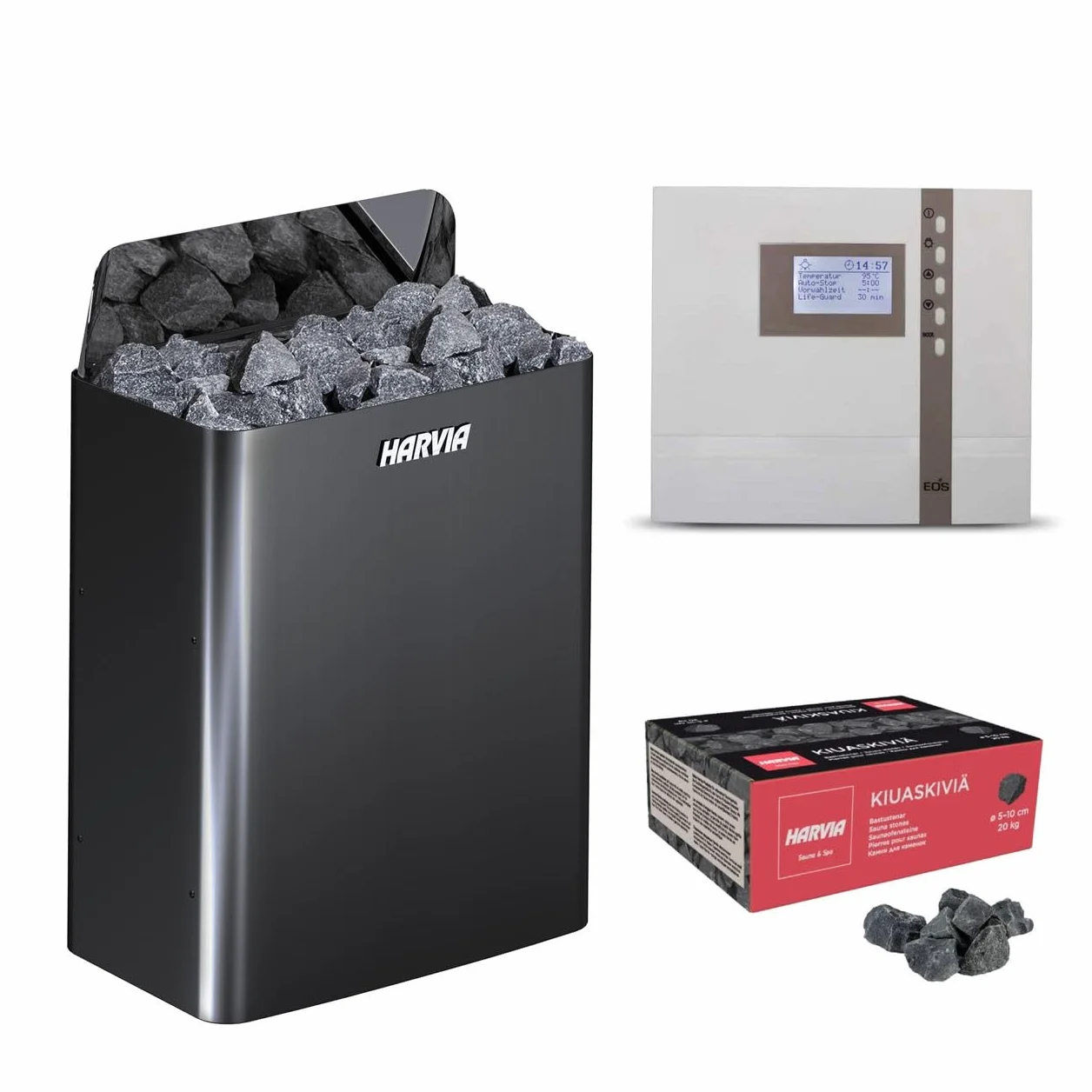 Harvia The Wall Poêle pour sauna 400 V 6 kW chrome foncé avec commande EOS ECON et pierres