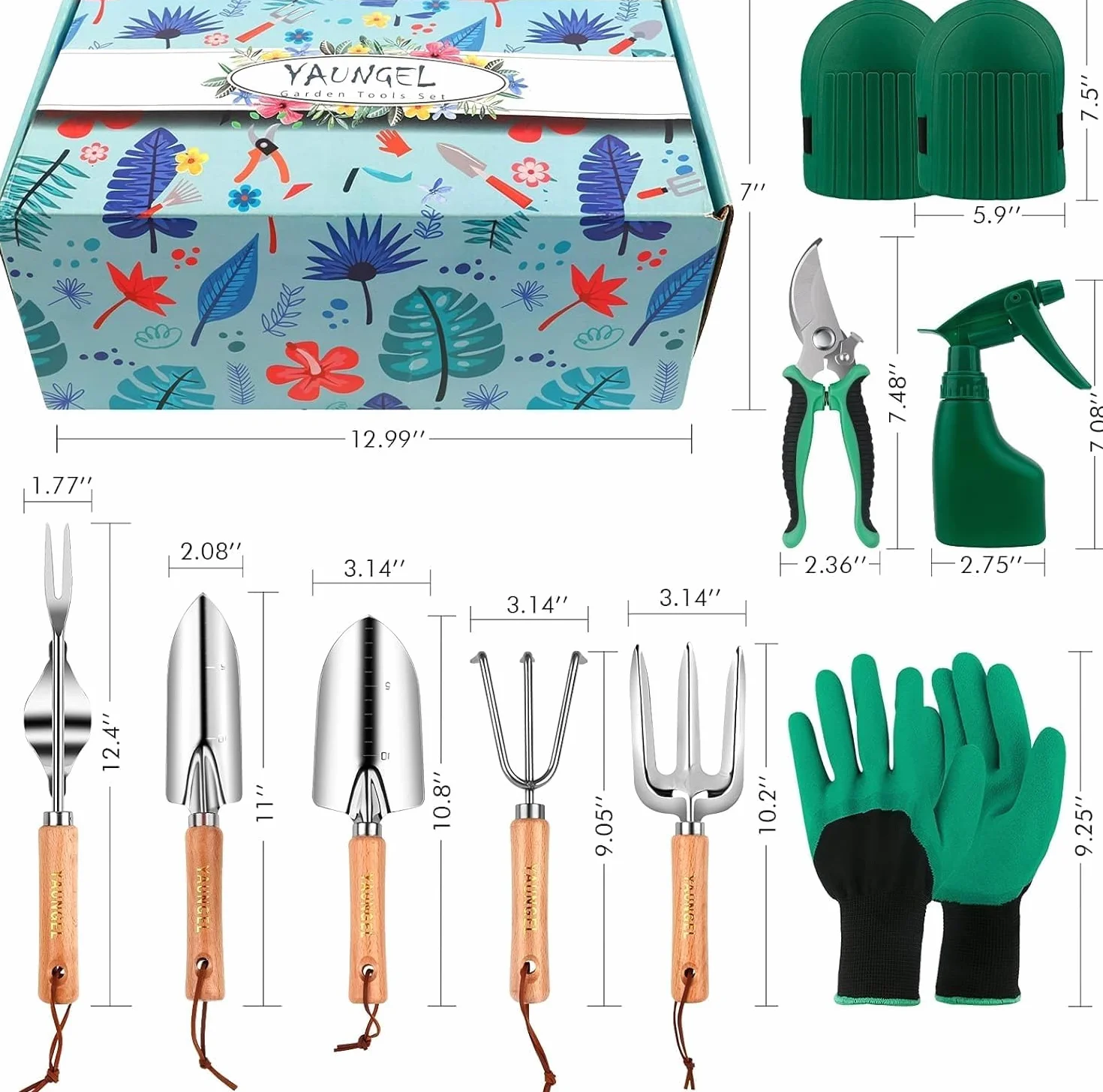 YAUNGEL Ensemble d'Outils de Jardinage, 10 Pièces en Acier Inoxydable à Usage intensif avec poignée en Bois antidérapante - Cadeaux pour Les Femmes et Les Hommes, Vert