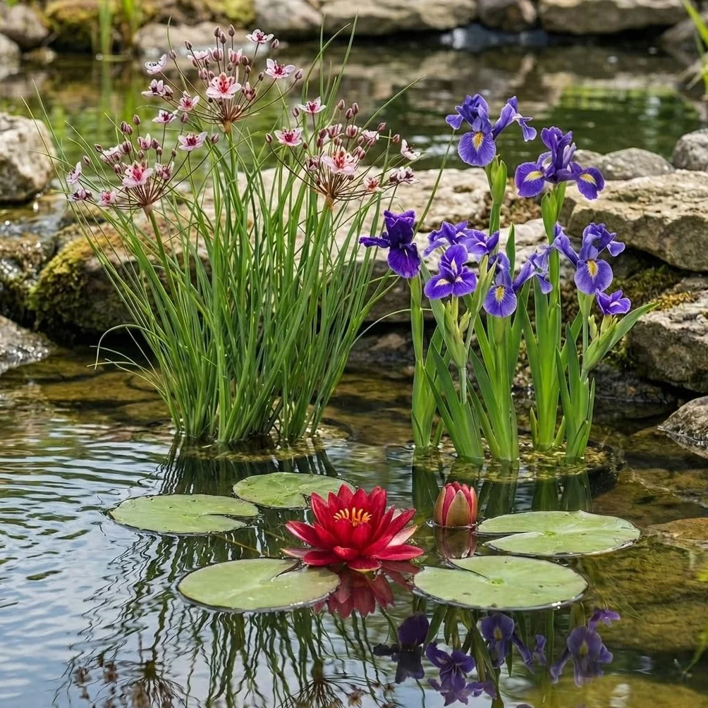 Vdvelde Mix 12 Plantes de Bassin P9 Nénuphar Nain Rouge Nymphaea Pygmaea Rubra 3 Paniers AQUA SET Plantes Oxygénantes Rustiques Mellifères