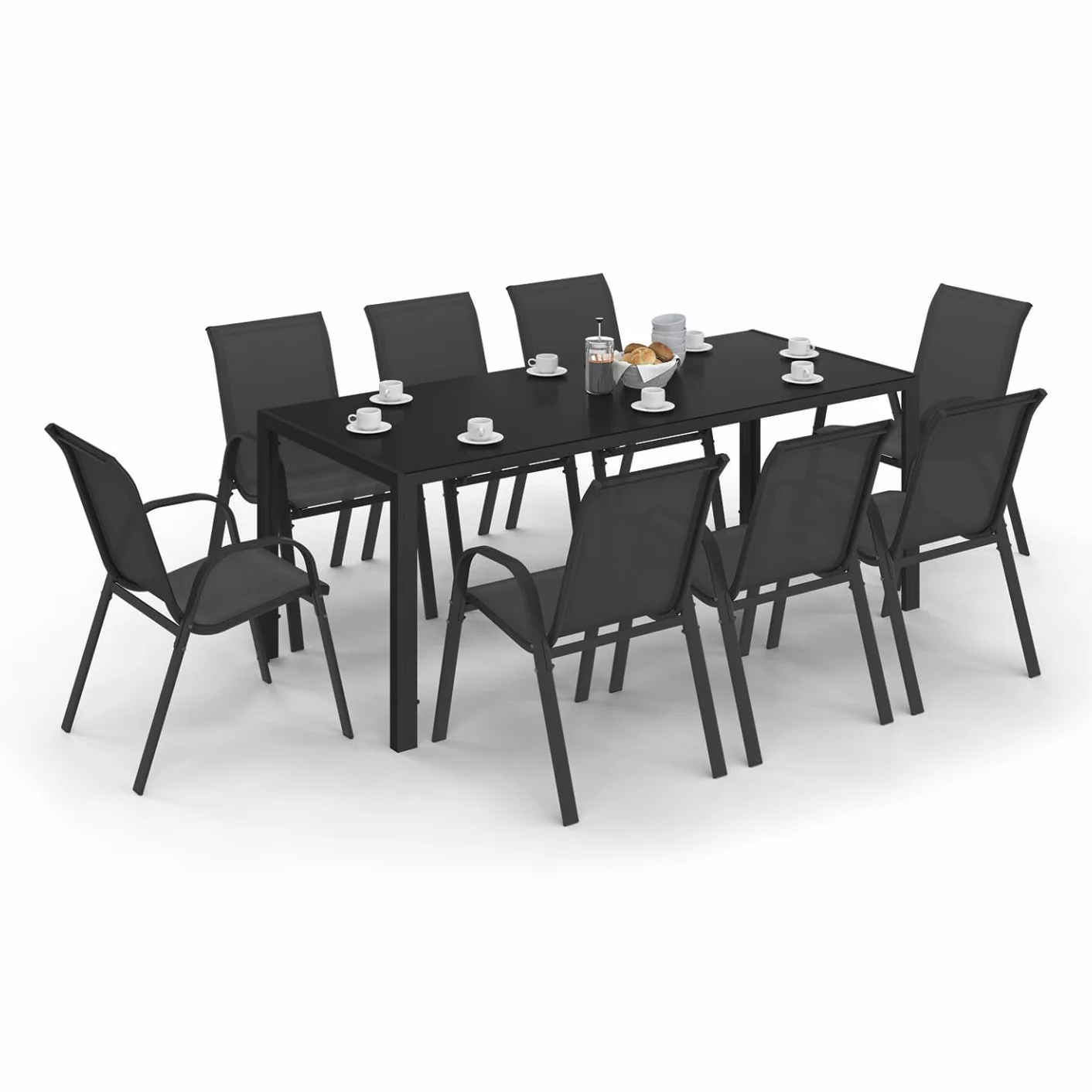 IDMarket - Salon de Jardin Madrid Table 190 CM et 8 chaises empilables Noires