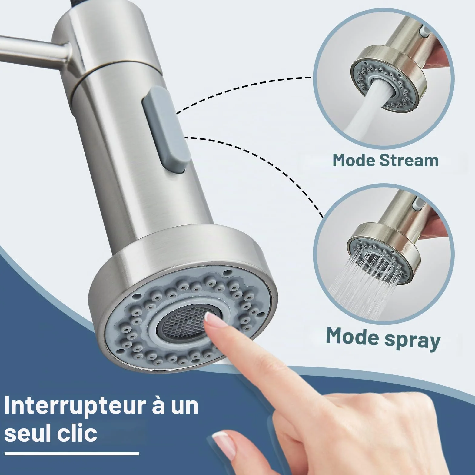JUNSHENG Robinet de cuisine extractible, mélangeur acier inoxydable haute pression pivotant 360°, nickel brossé