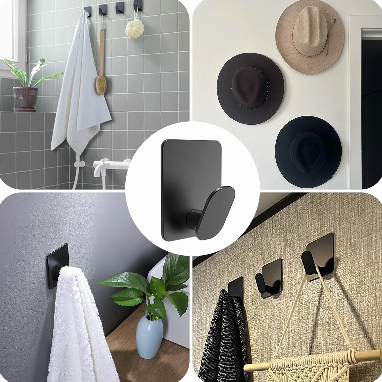 Crochet Adhésif Mural Acier Inoxydable Noir 4 Pièces Porte Manteau Porte Serviette Salle de Bain
