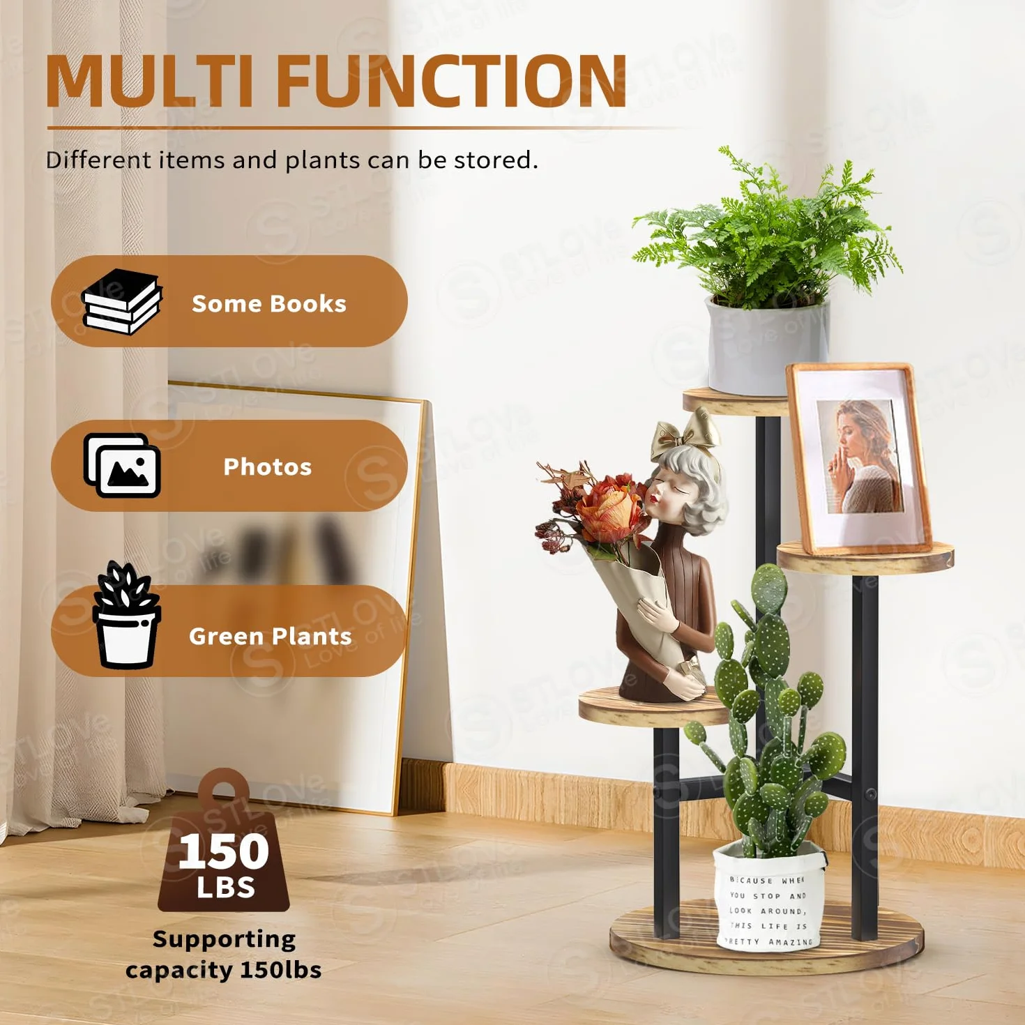STLOVe Porte Plante Interieur 3 Niveaux Support Metal Bois Etagere Jardin Salon