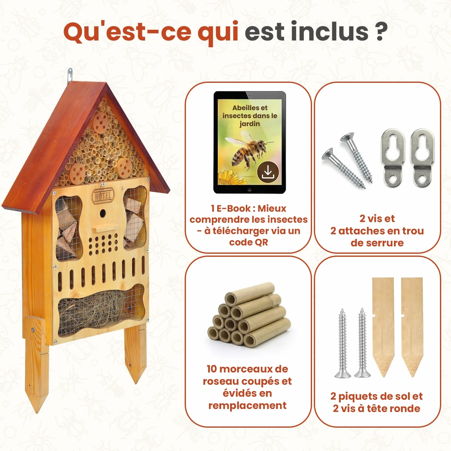 Grand hôtel à insectes XXL en bois résistant aux intempéries – Hôtel à abeilles avec piquet de sol, suspendre ou poser