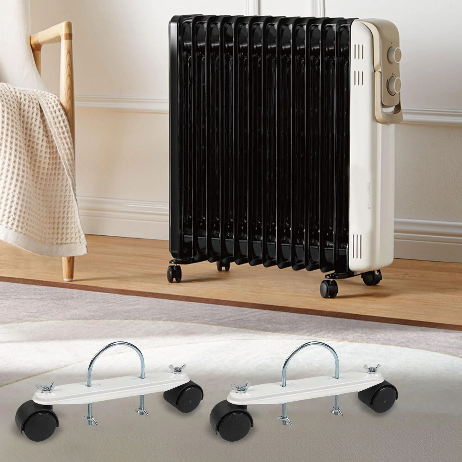 Lot de 2 supports de chauffage électrique avec roues rotatives à 360°, support radiateur en acier au carbone