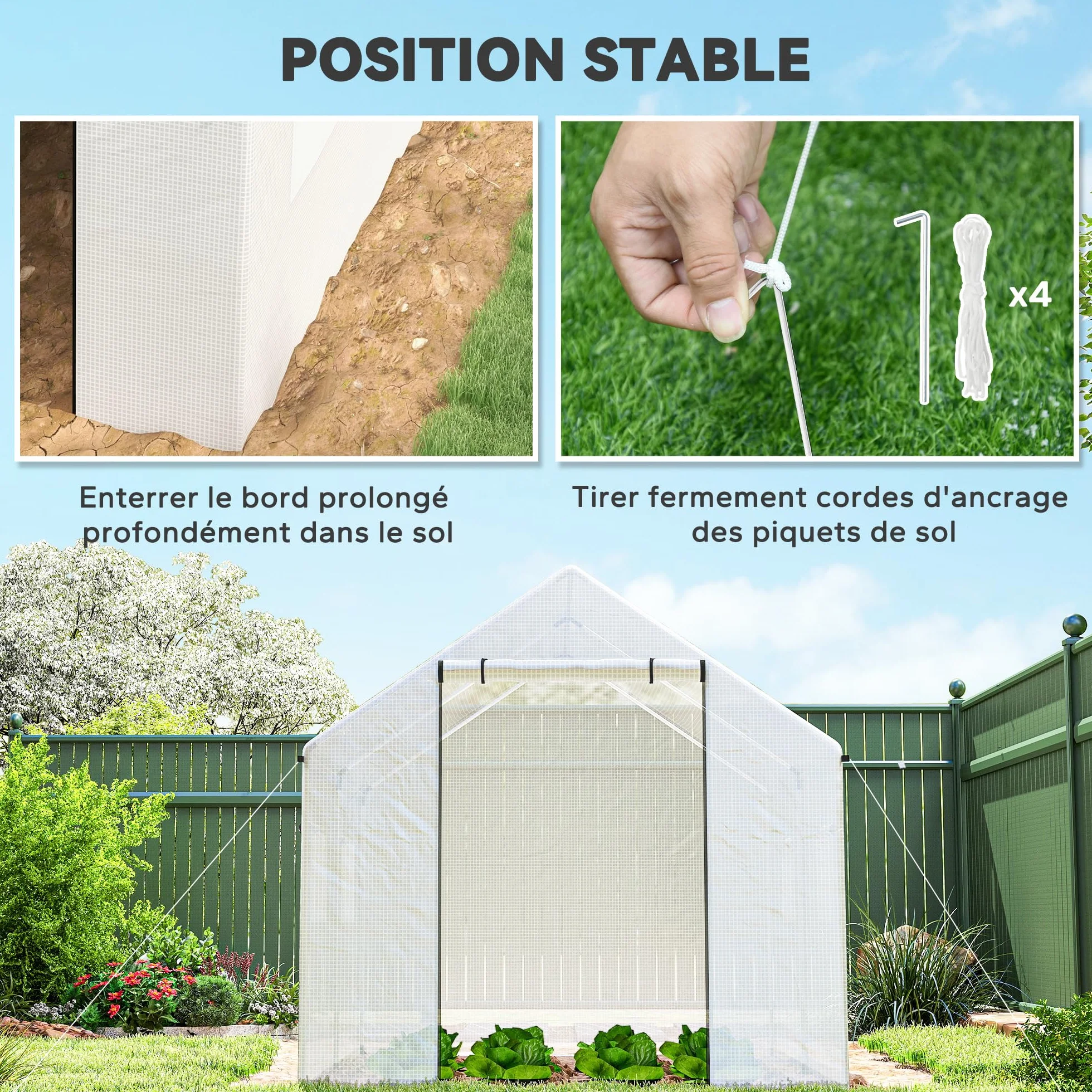 Outsunny Serre de Jardin Tunnel 2 x 3m, 6m² avec Porte Enroulable, 4 fenêtres, - Acier galvanisé PE Haute densité Blanc