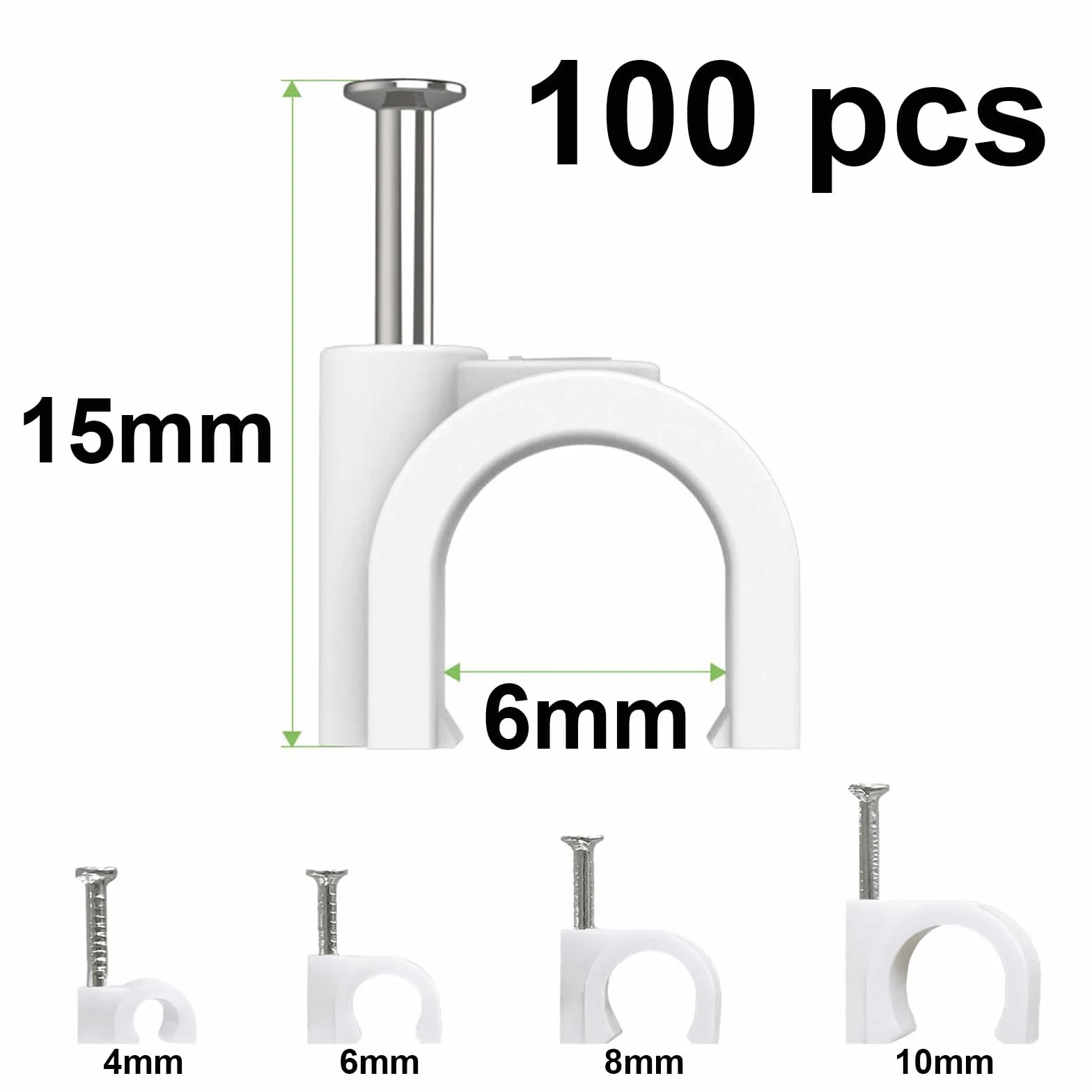 Clips Cablowe z Gwoździem, Białe 6mm, 100 Sztuk, Do Kabli Elektrycznych