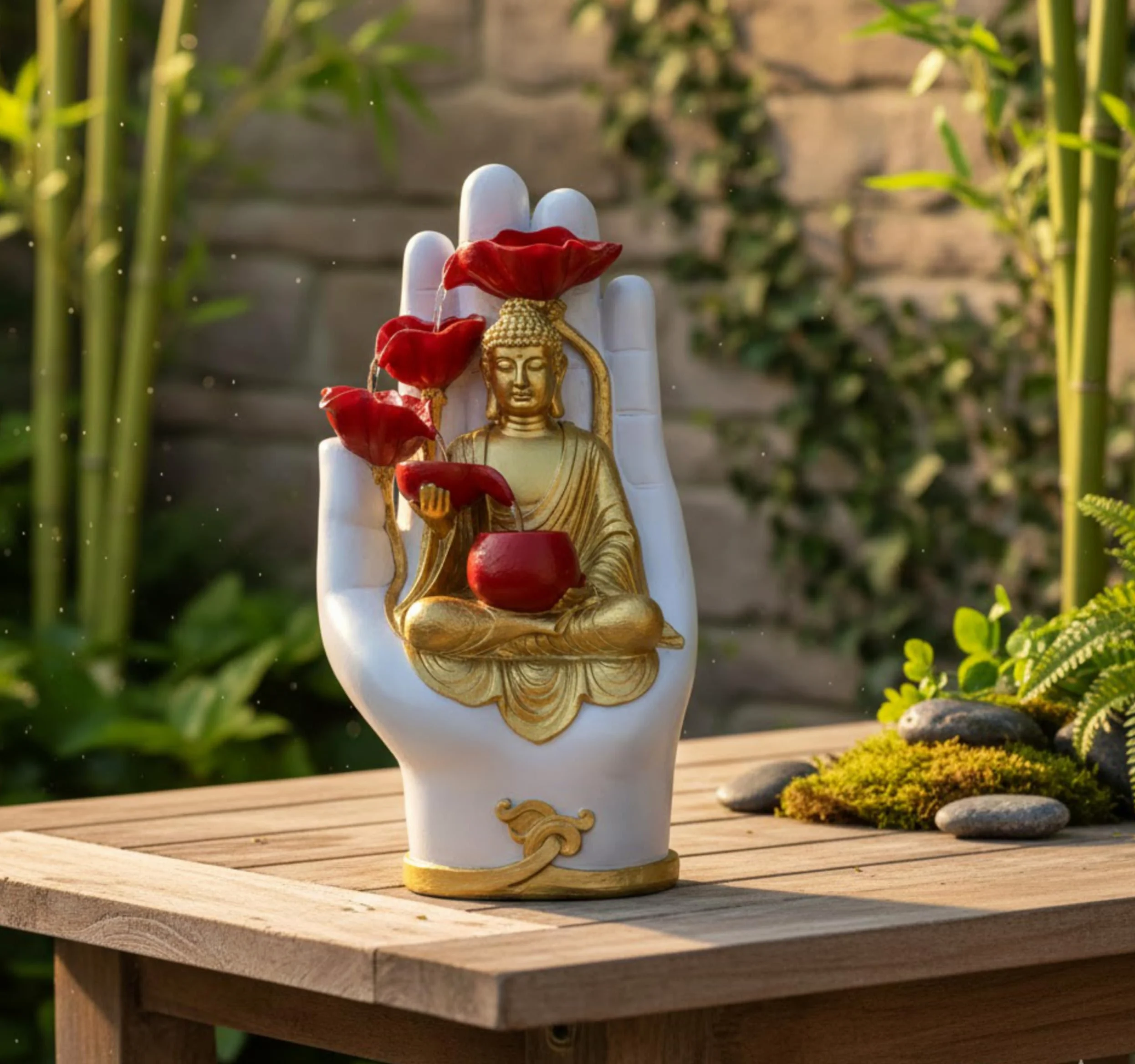 Statue de Bouddha Fontaine Solaire 58cm, Recharge USB ou Panneau Solaire câble 5m & télécommande, Décoration Jardin Fontaine Zen LED, Bouddha Decoration Intérieur & Extérieur