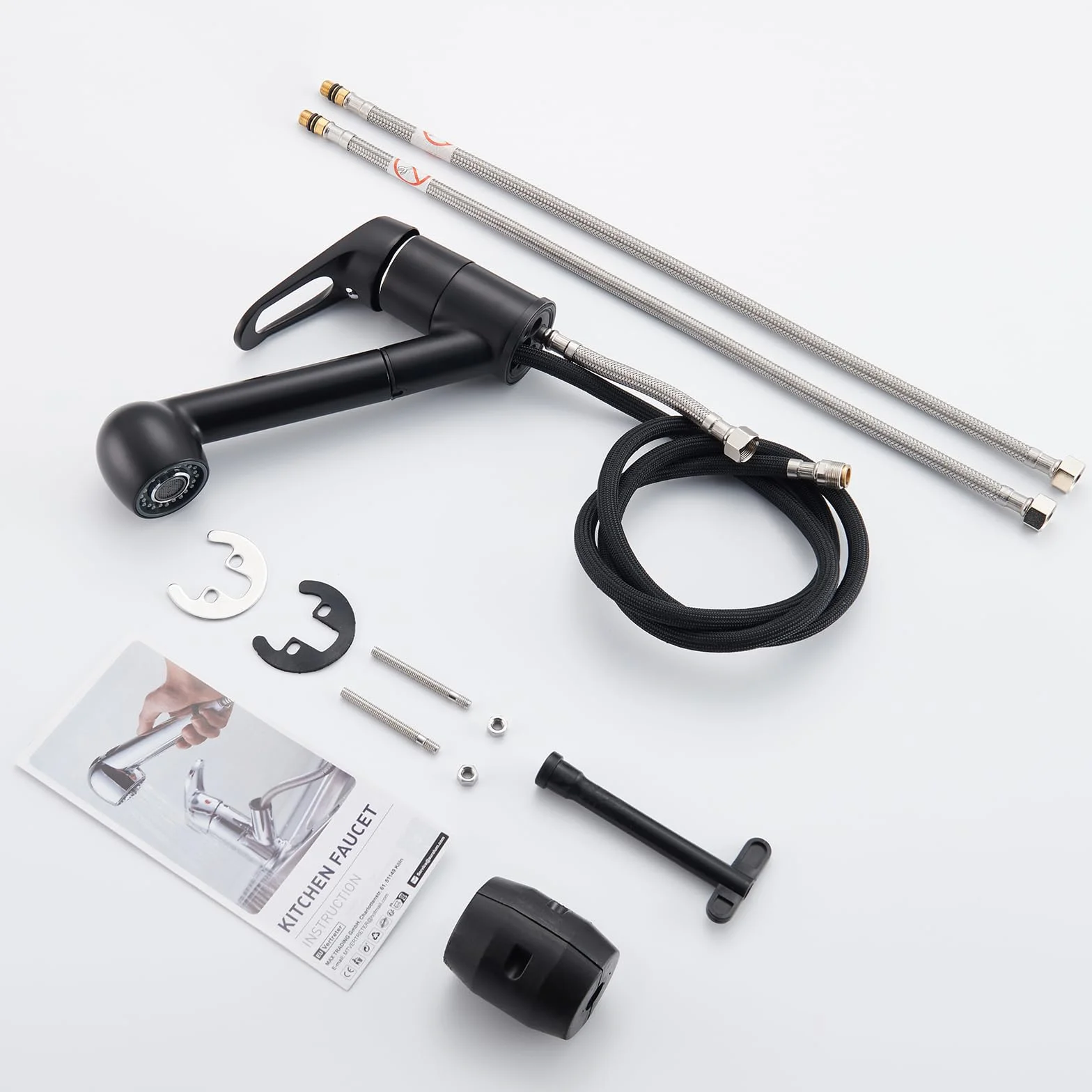 Auralum Robinet de Cuisine Noir Douchette Extractible 2 Jets Mitigeur Évier 360° Laiton Monotrou Eau Froide Chaude