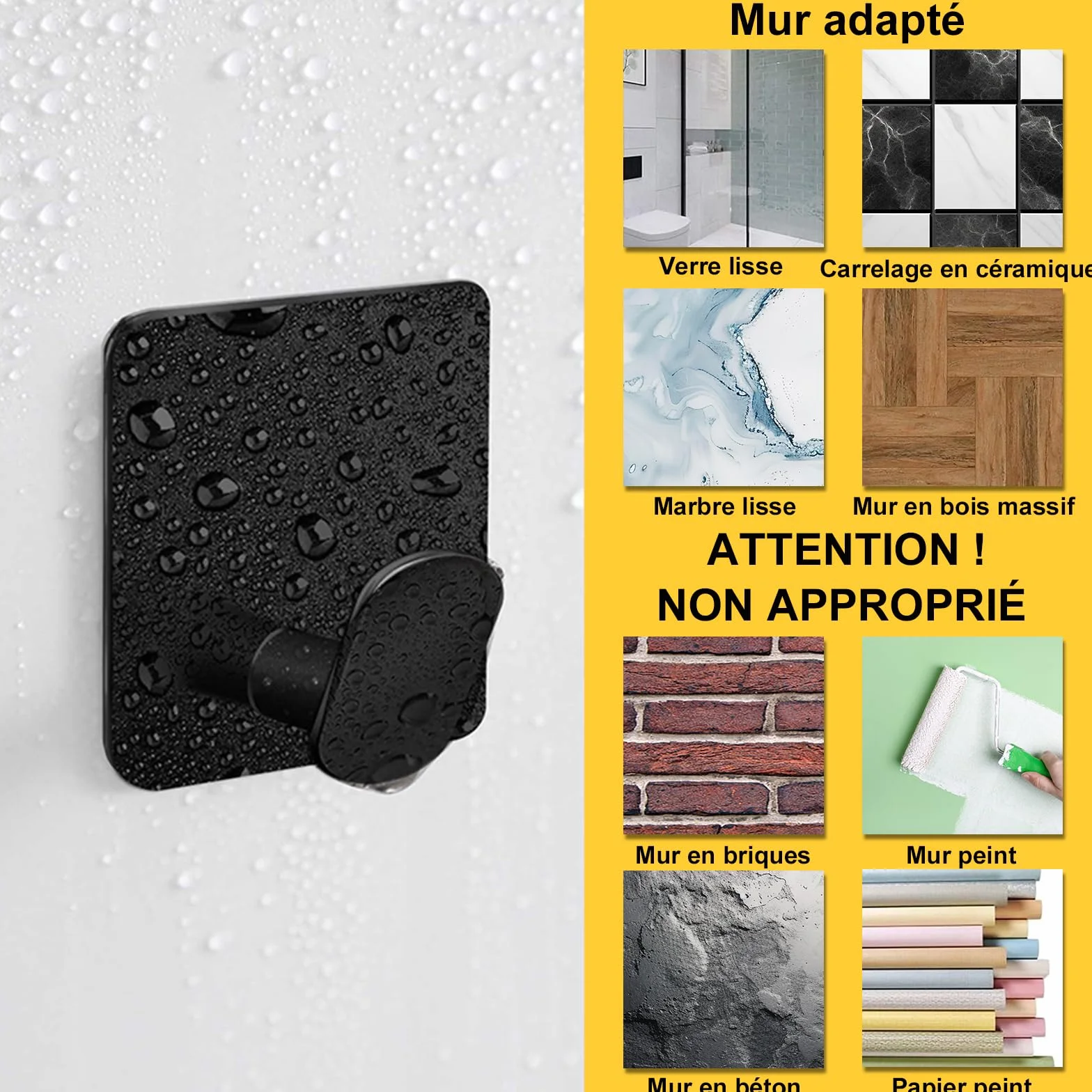 Crochet Adhésif Mural Acier Inoxydable Noir 4 Pièces Porte Manteau Porte Serviette Salle de Bain