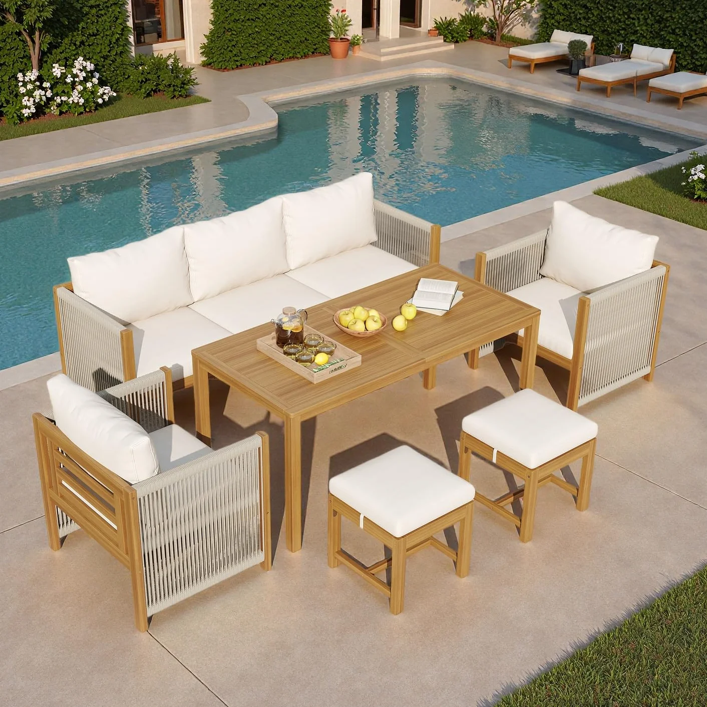 Ensemble de salon de jardin acacia 7 personnes canapé 3 places B-beige