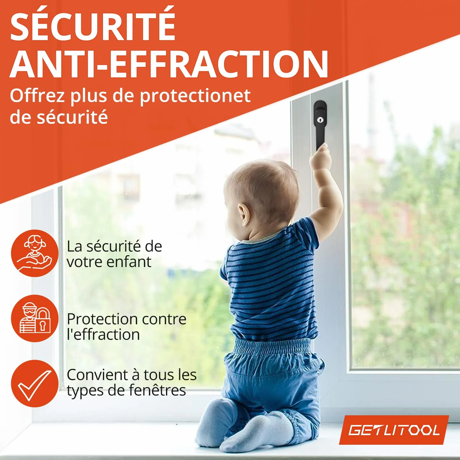GETLITOOL Poignées de fenêtre verrouillables 35 mm Aluminium avec clés, sécurité Enfant, Noir