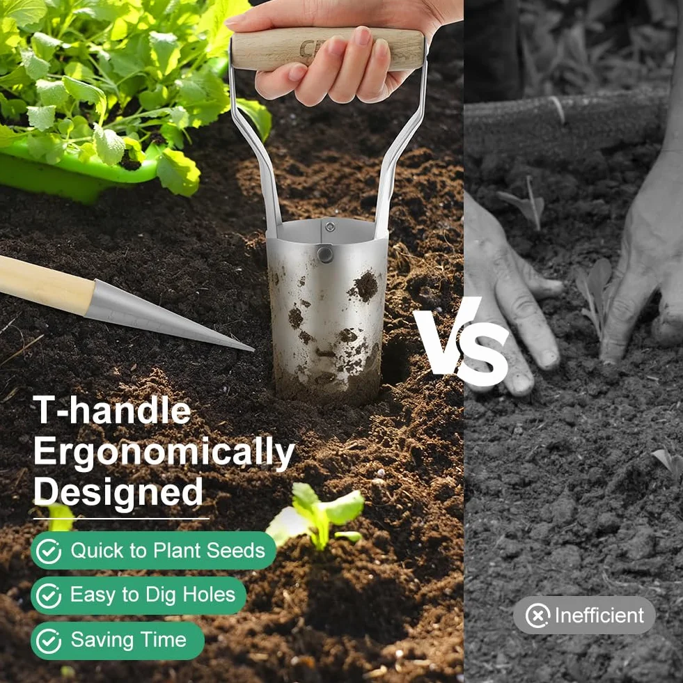 Outil de Perforation de Jardin, Plantoir à Bulbes avec Pointe en Fer Chromé et Manche en Bois Solide, Outil de Jardinage avec Graduation et Manche en Bois, Perforatrice + Repiqueuse de Semis