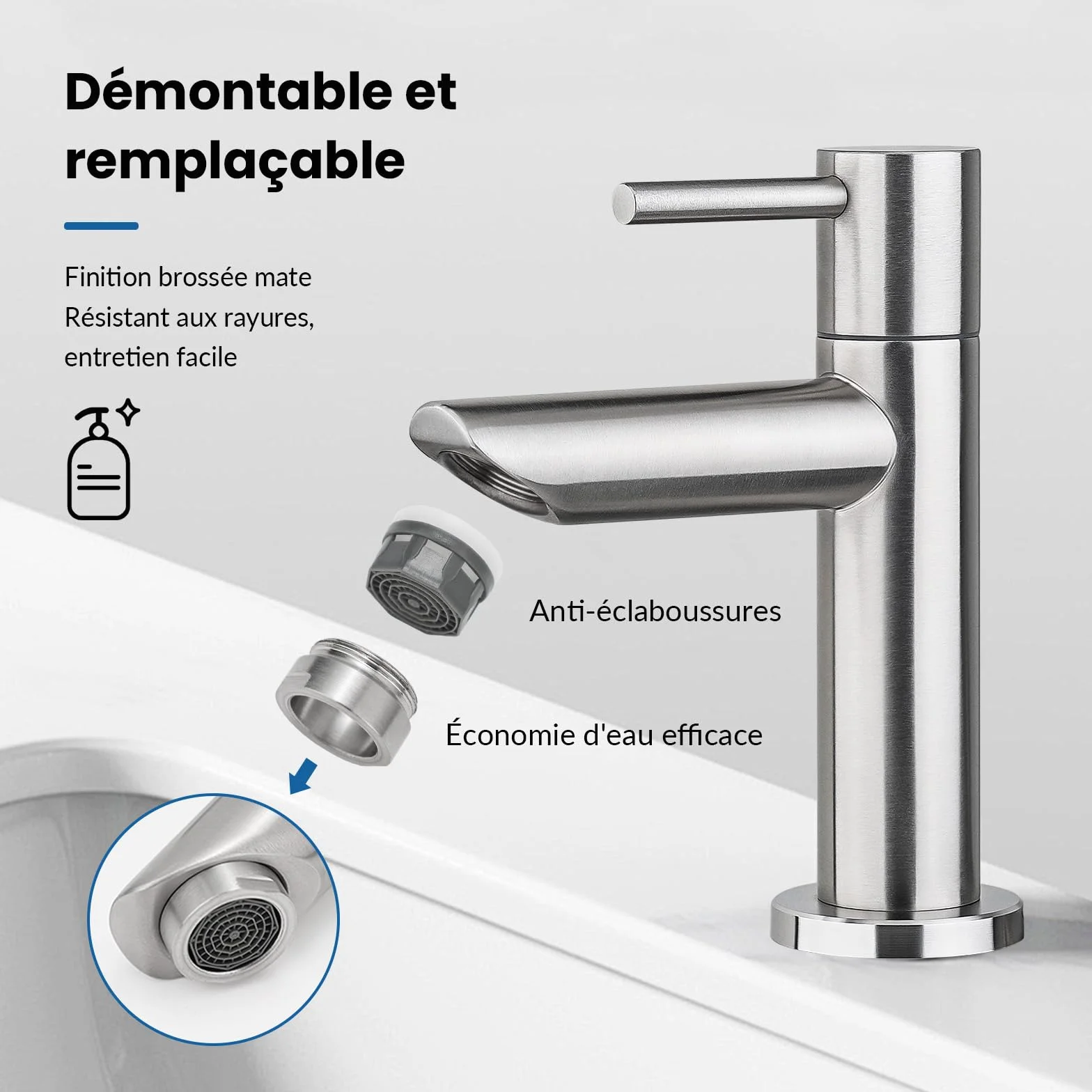 Ibergrif M18103 Mitigeur de lavabo eau froide monocommande acier inoxydable finition brossée