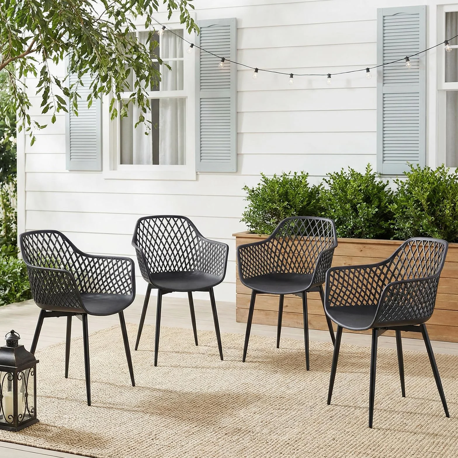 buybyroom Chaise de Jardin Exterieur, Lot de 4 Chaise Plastique avec Accoudoir et Pied en Métal, Fauteuil Jardin Exterieur pour Terrasse, Balcon, Salle a Manger, Salon, Dossier à Design Ajouré, Noir
