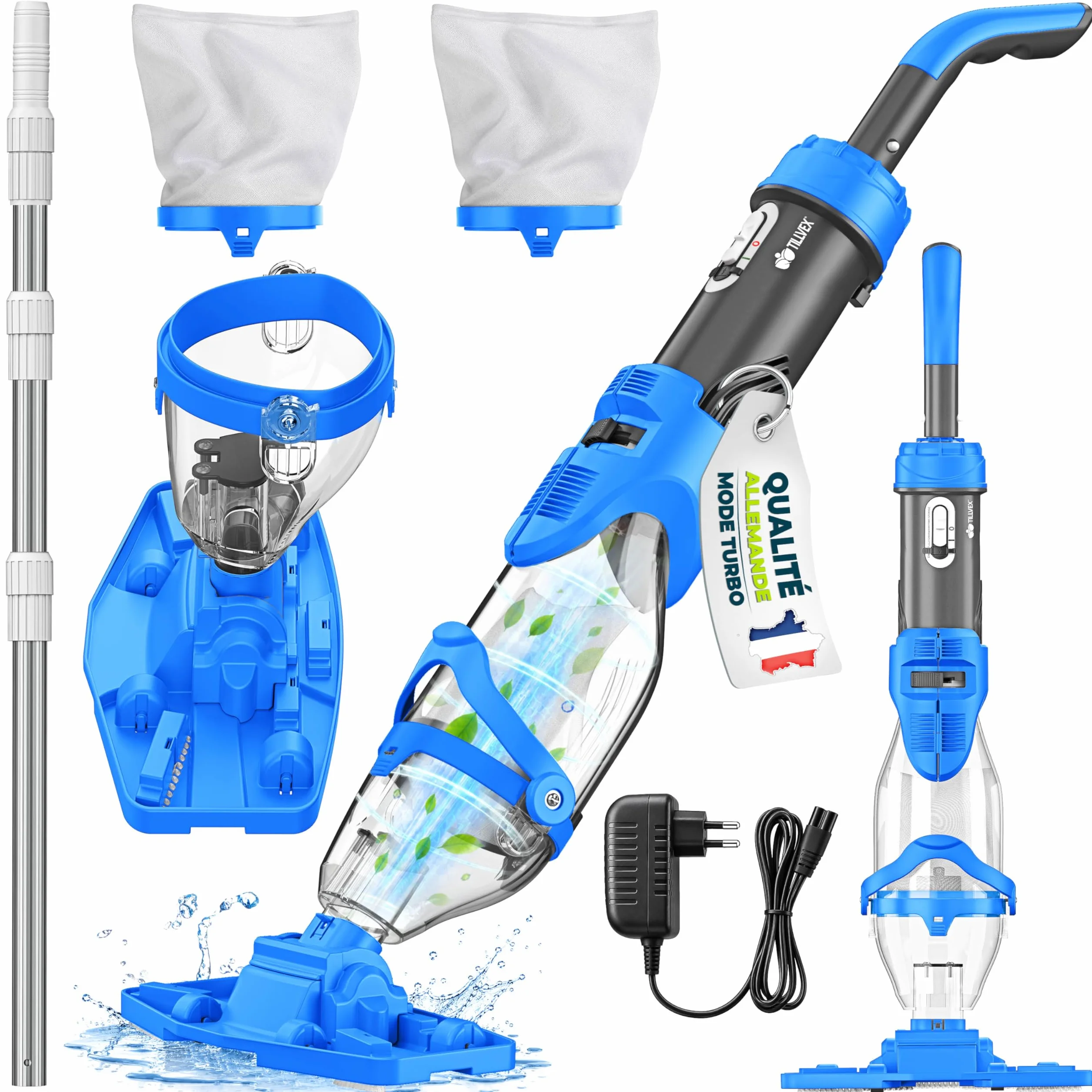 tillvex Aspirateur de Piscine avec Batterie & Manche télescopique + Filtre | Aspirateur de Piscine électrique | Nettoyeur de Piscine avec Filtre & autonomie de 60 Min (Bleu/Gris)