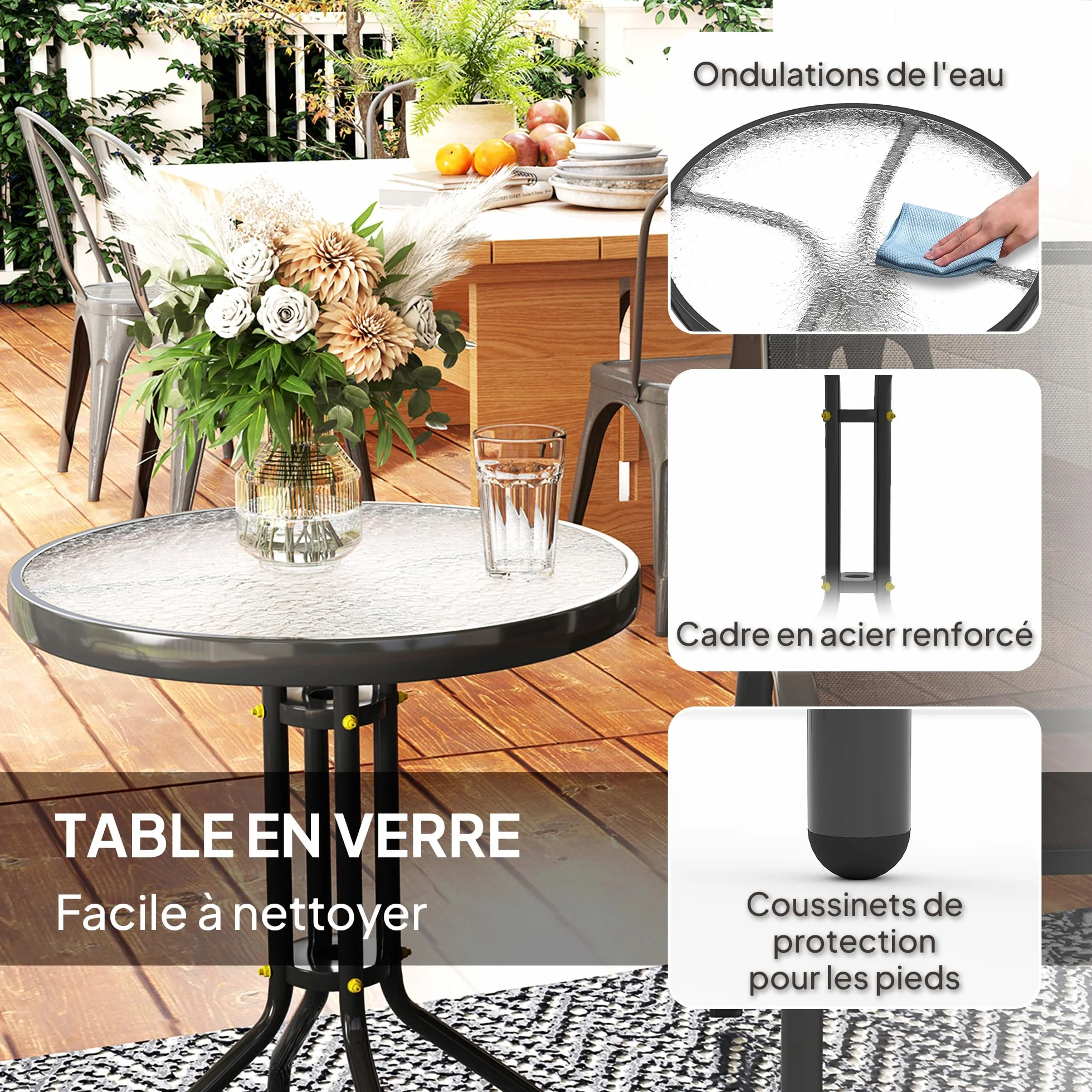 Outsunny 3 pièces Salon de Jardin extérieur Ensemble Meubles 2 fauteuils empilables Table Basse Verre trempé Tissu textilène Noir