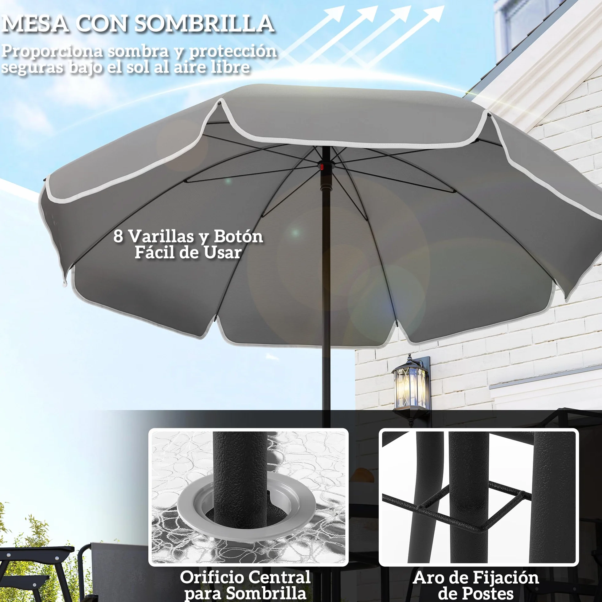 Outsunny Ensemble de Jardin de 6 Pièces avec Table et 4 Chaises Pliables en Textilene - Mobilier de Jardin Extérieur avec Table en Verre et Parasol pour Terrasse et Patio - Gris