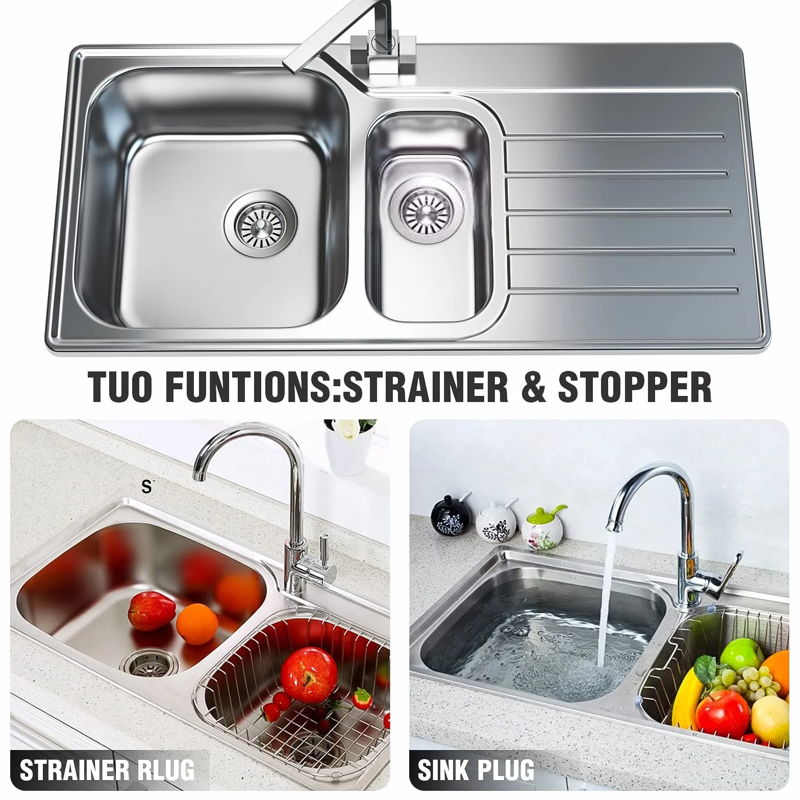 Bouchon Evier Cuisine 80mm INOX Crépine D'évier Universelle Acier Inoxydable Panier à Tamis Salle Bain