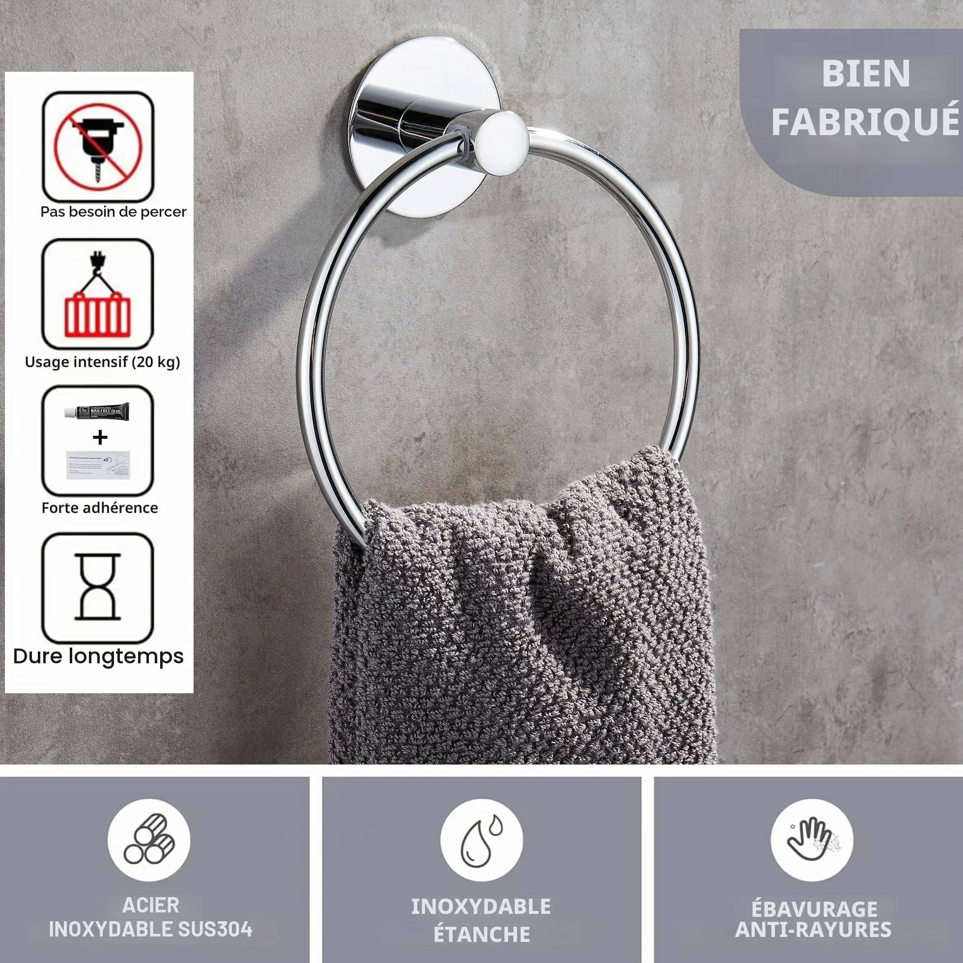 Anneau Porte Serviette Salle de Bain sans Percage - Support Serviette Murale Adhésif Acier Inoxydable Chromé