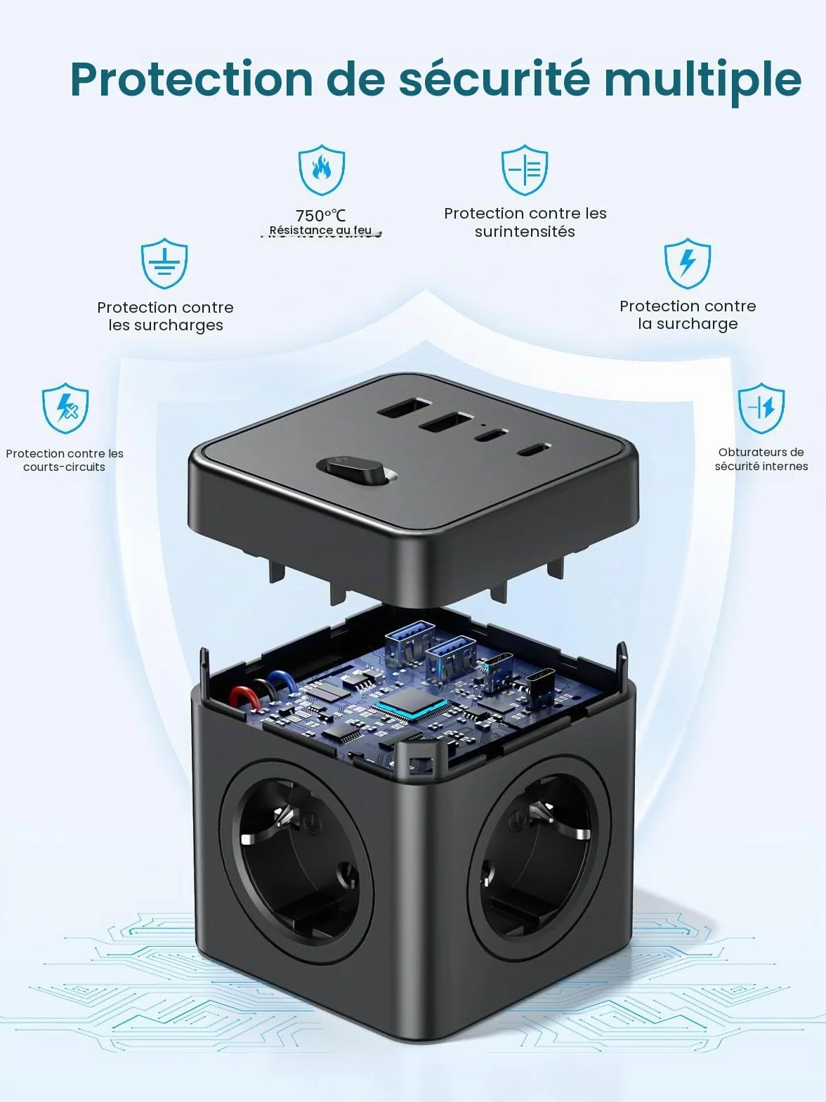 Multiprise Power Cube 8-en-1 avec Interrupteur 4 Prises USB-A USB-C 1,5 m Noir