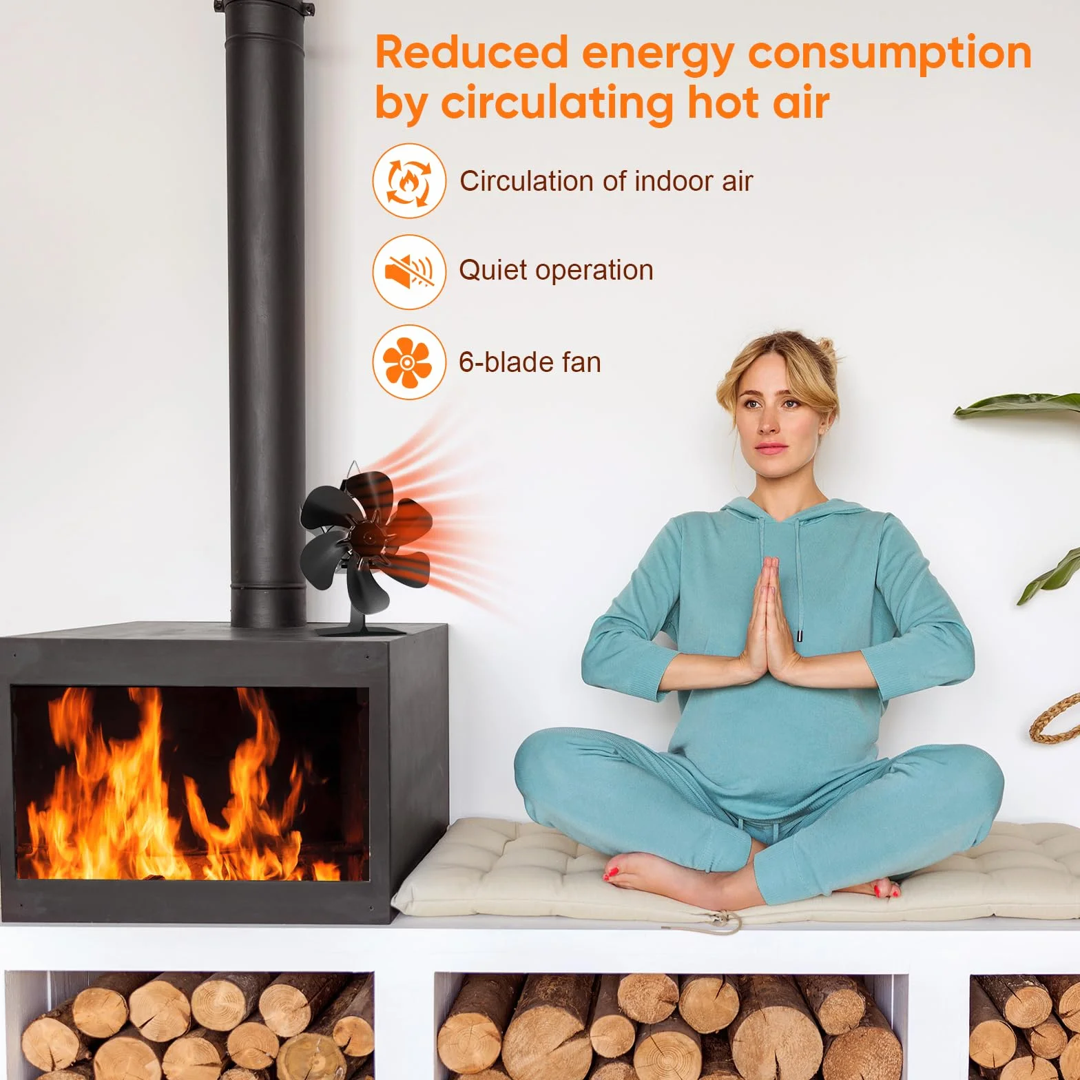 Ventilateur Poele à Bois 6 Pales avec Thermomètre, Cheminée Alimenté Par la Chaleur