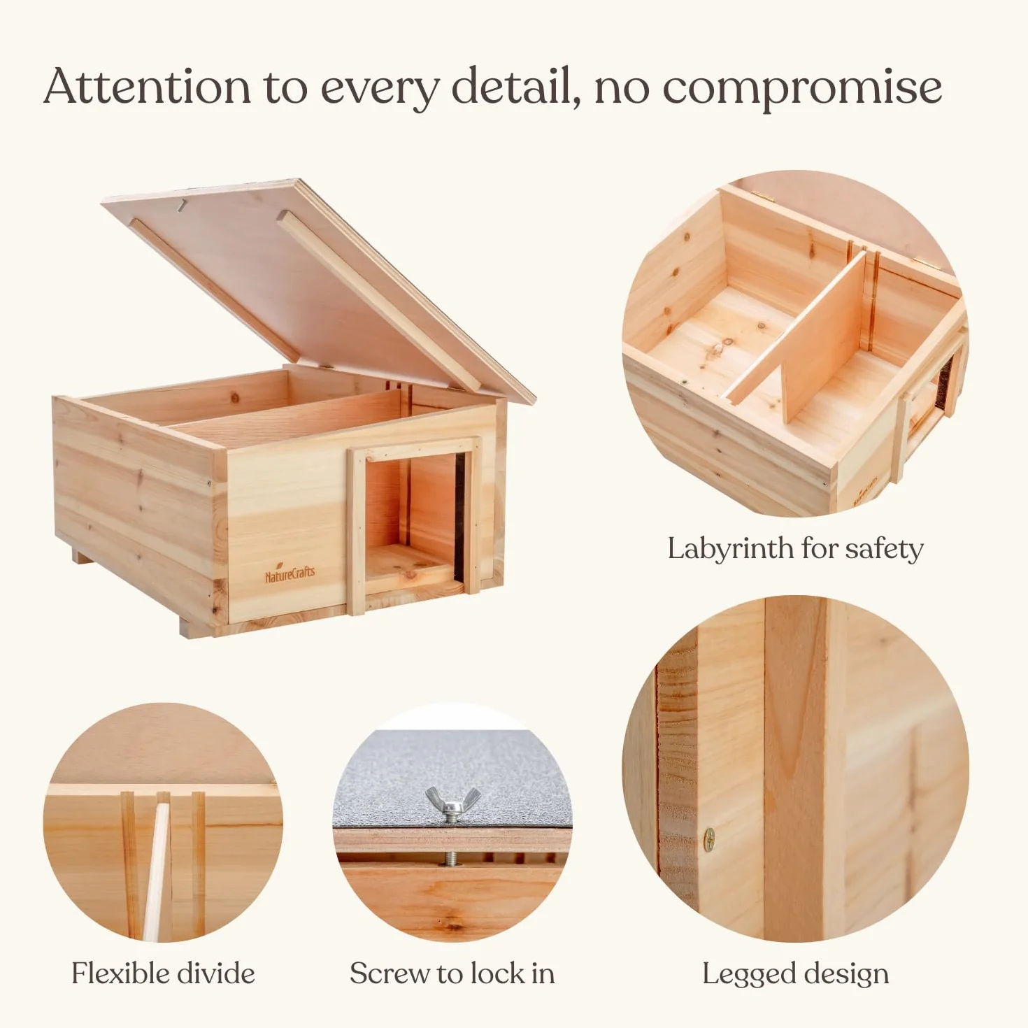 NatureCrafts Maison pour hérisson en bois étanche double ventilation Labyrinthe réglable tunnel accessible 1,5 cm épaisseur