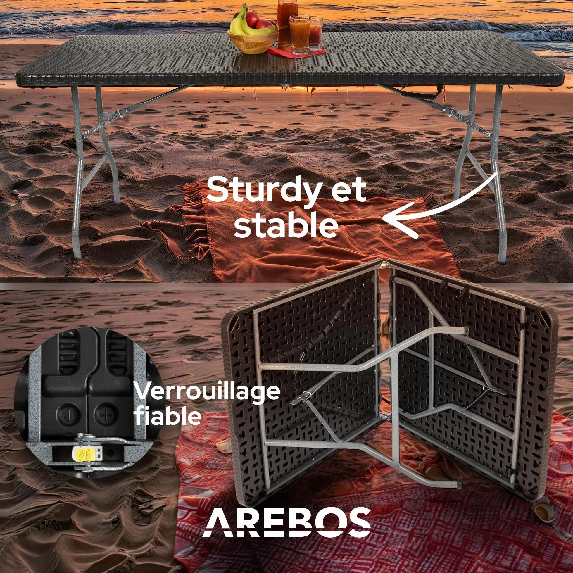AREBOS Table de Buffet Pliable 182 x 74 x 74 cm Aspect rotin Résistant aux intempéries 8 Personnes