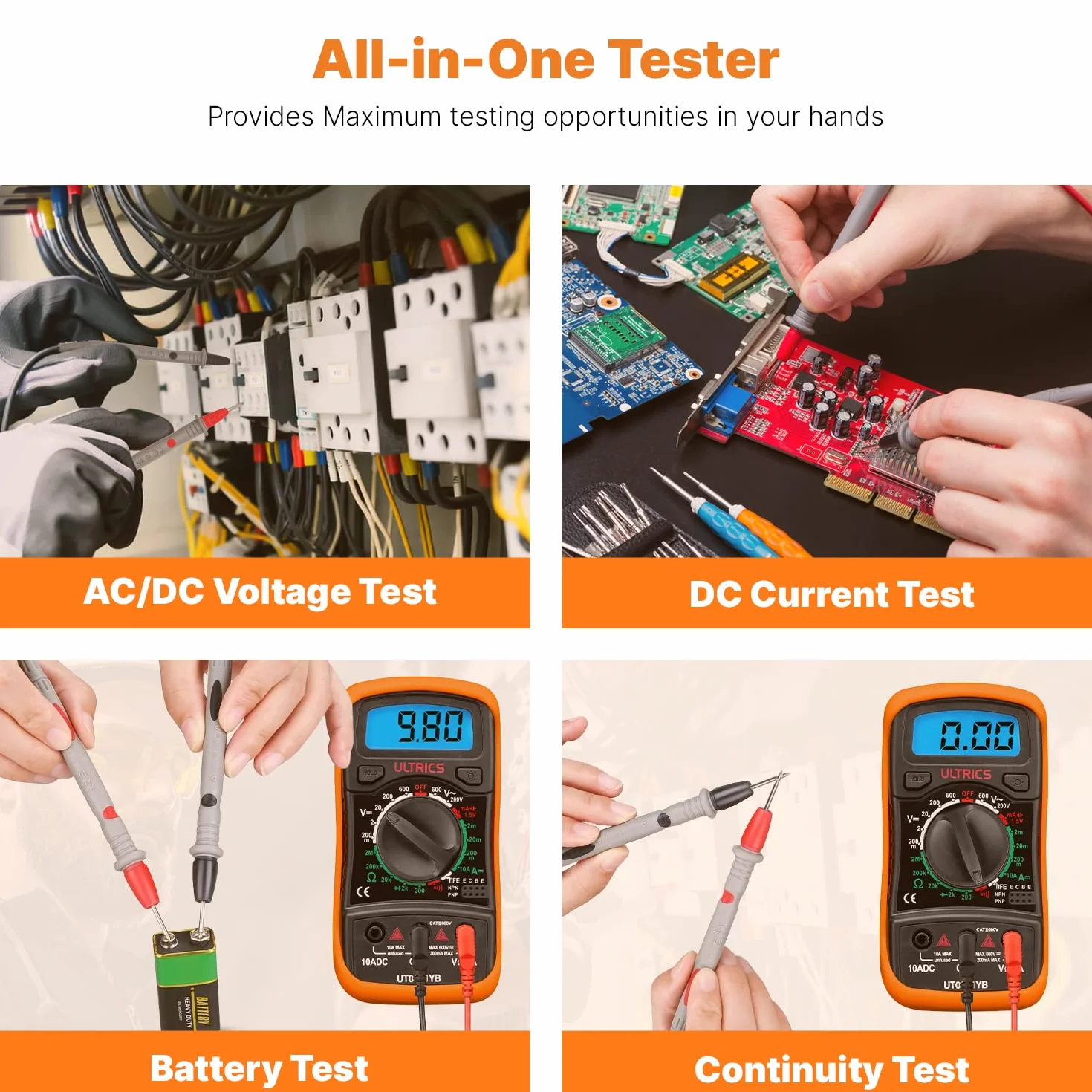 ULTRICS Multimètre Numérique Digital Multimètre Testeur Électrique Multifonctions 4000 AC/DC Tension Courant Résistance Continuité Diode