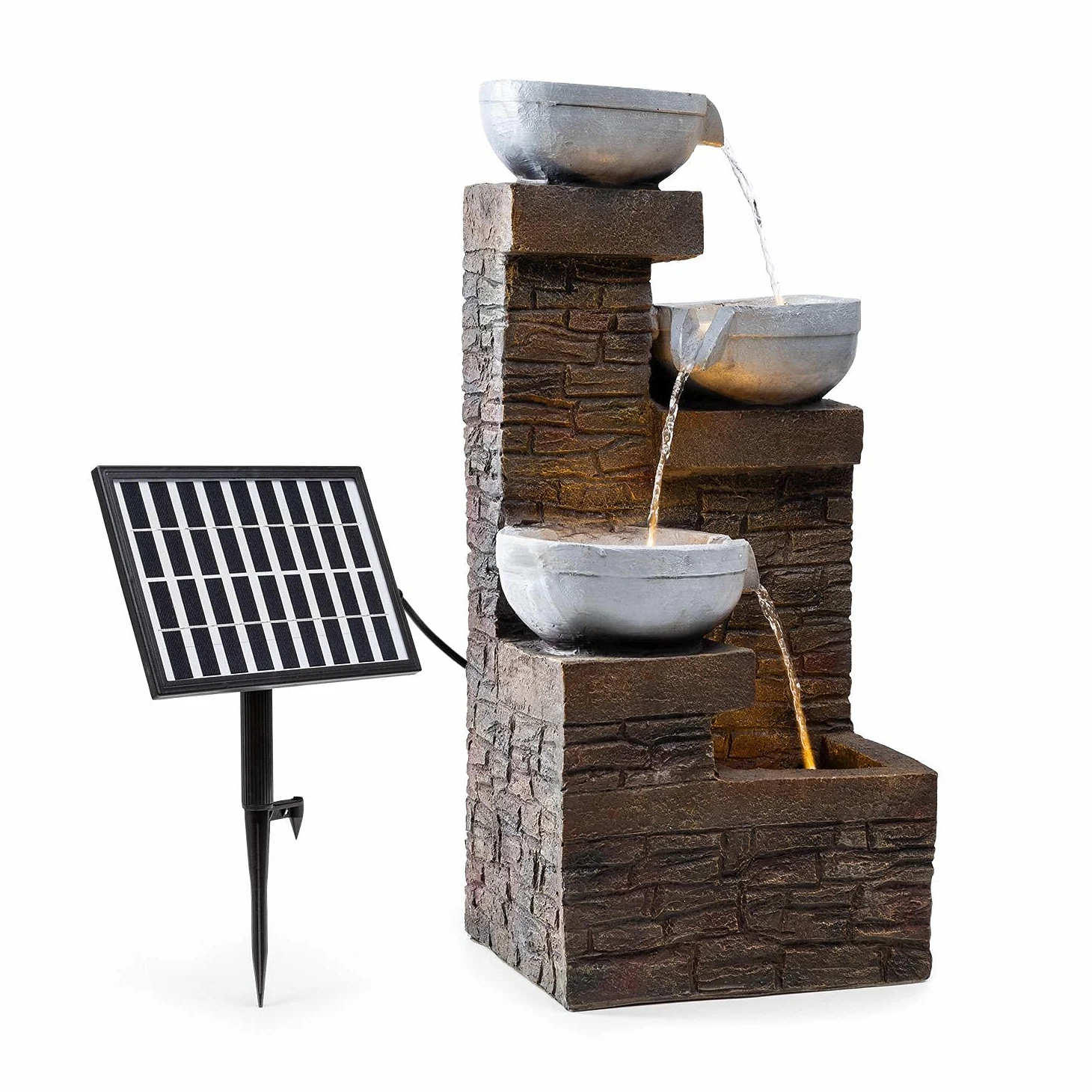 blumfeldt Fez - Fontaine Solaire décorative de Jardin, Eclairage LED, 34 x 76 x 36 cm (LxHxP), Polyrésine, 3 Niveaux de Cascade, pour intérieur et extérieur - Aspect Pierre