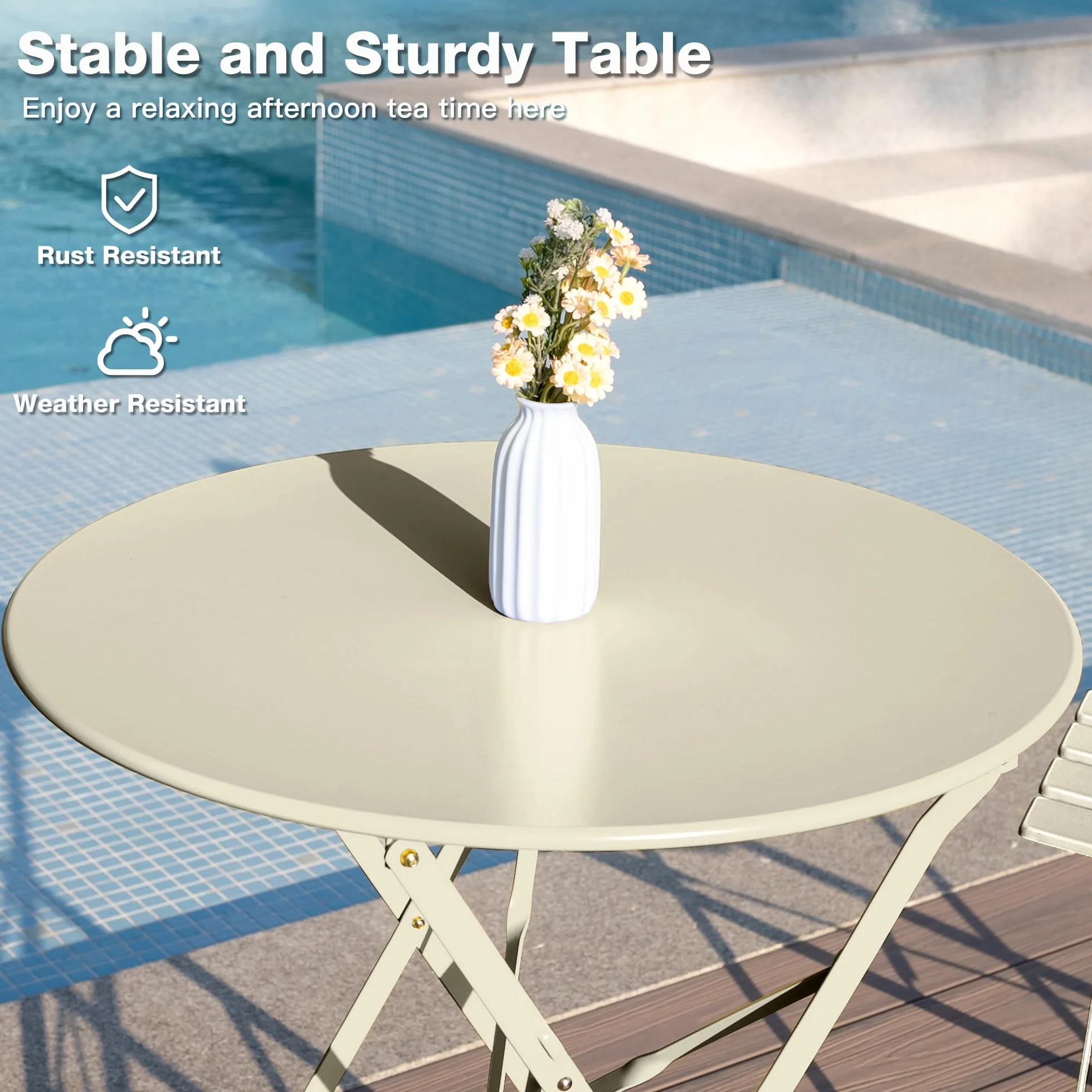 Lot de 3 Meubles de Jardin Pliables, Table de Bistrot avec 2 Chaises, Résistants aux Intempéries, Abricot