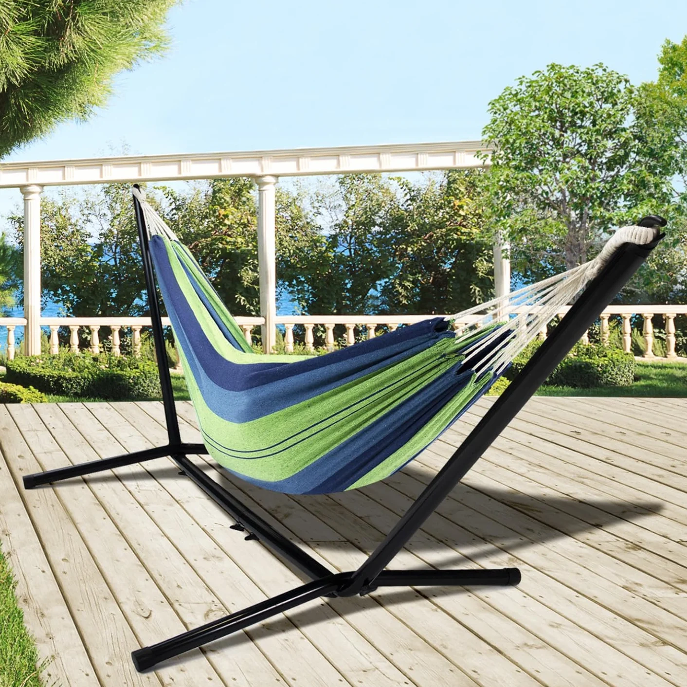 Hamac avec Support métal Noir et Toile rayée Bleue et Verte