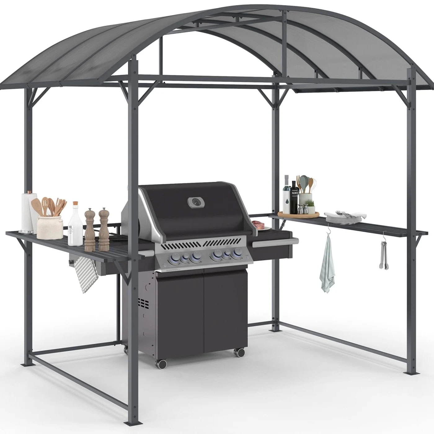 IDMarket - Abri pour Barbecue 240 x 150 x 220 cm avec étagères, en métal Gris et Toit en Polycarbonate