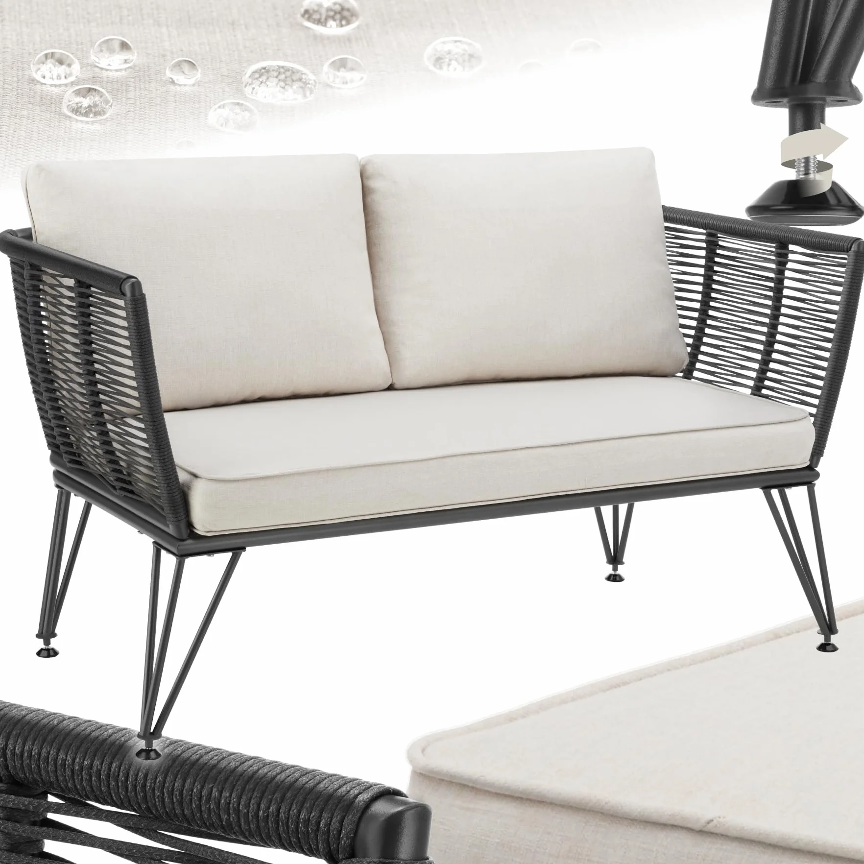 tectake® Canapé 2 Places Salon de Jardin Exterieur en Résine tréssée Salon Exterieur, Banquette de Jardin Coussins Inclus, Amenagement Balcon Terrasse Veranda Patio Maison